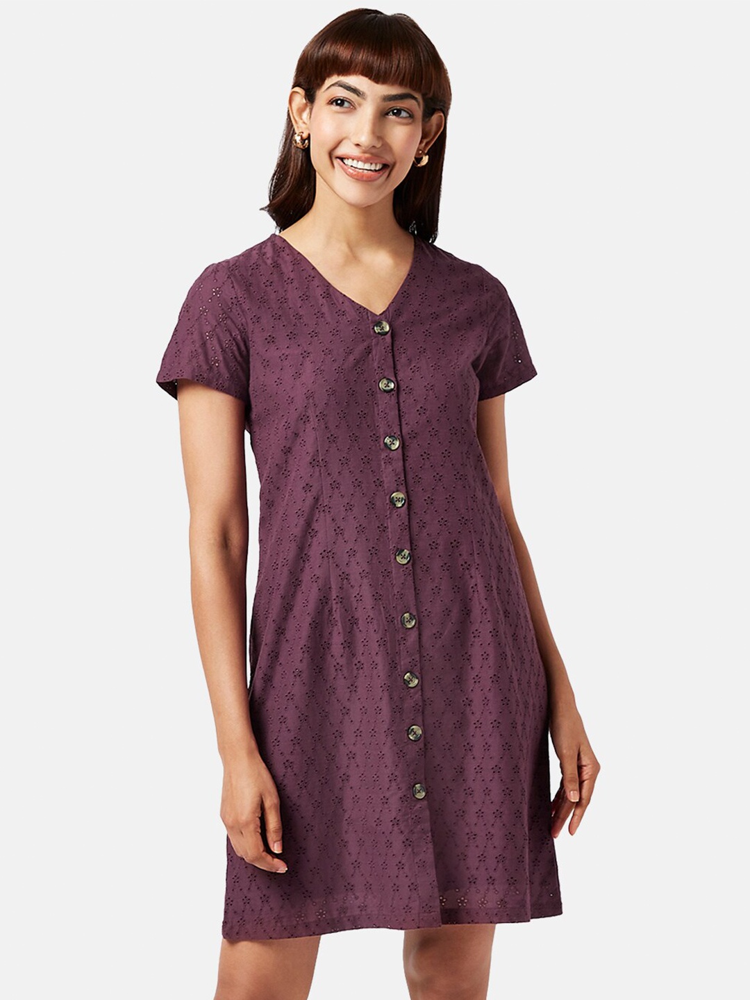 

AKKRITI BY PANTALOONS V-Neck Schiffli A-Line Cotton Dress, Purple