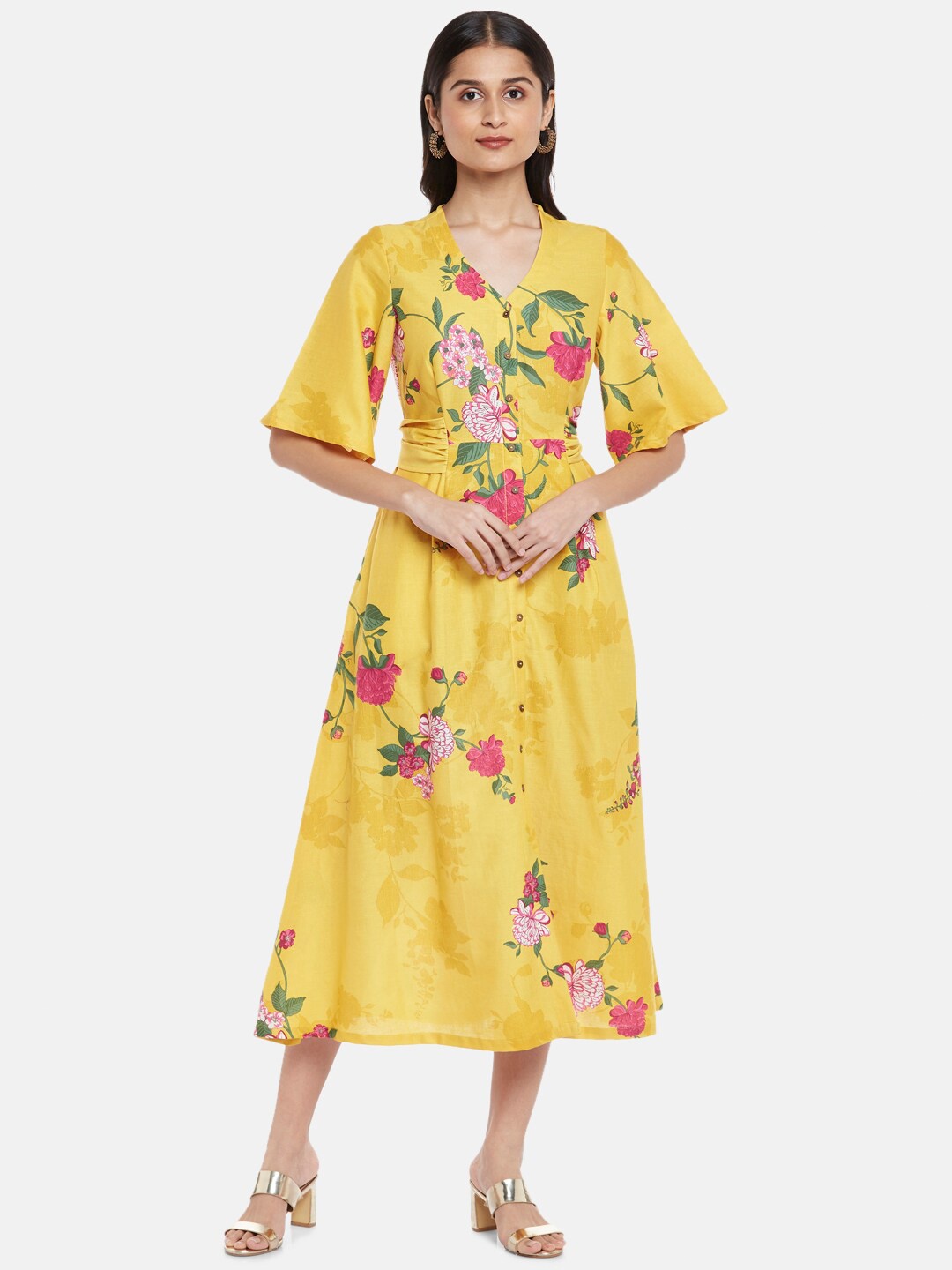 

AKKRITI BY PANTALOONS V-Neck Floral Printed Fit & Flare Cotton Midi Dress, Yellow