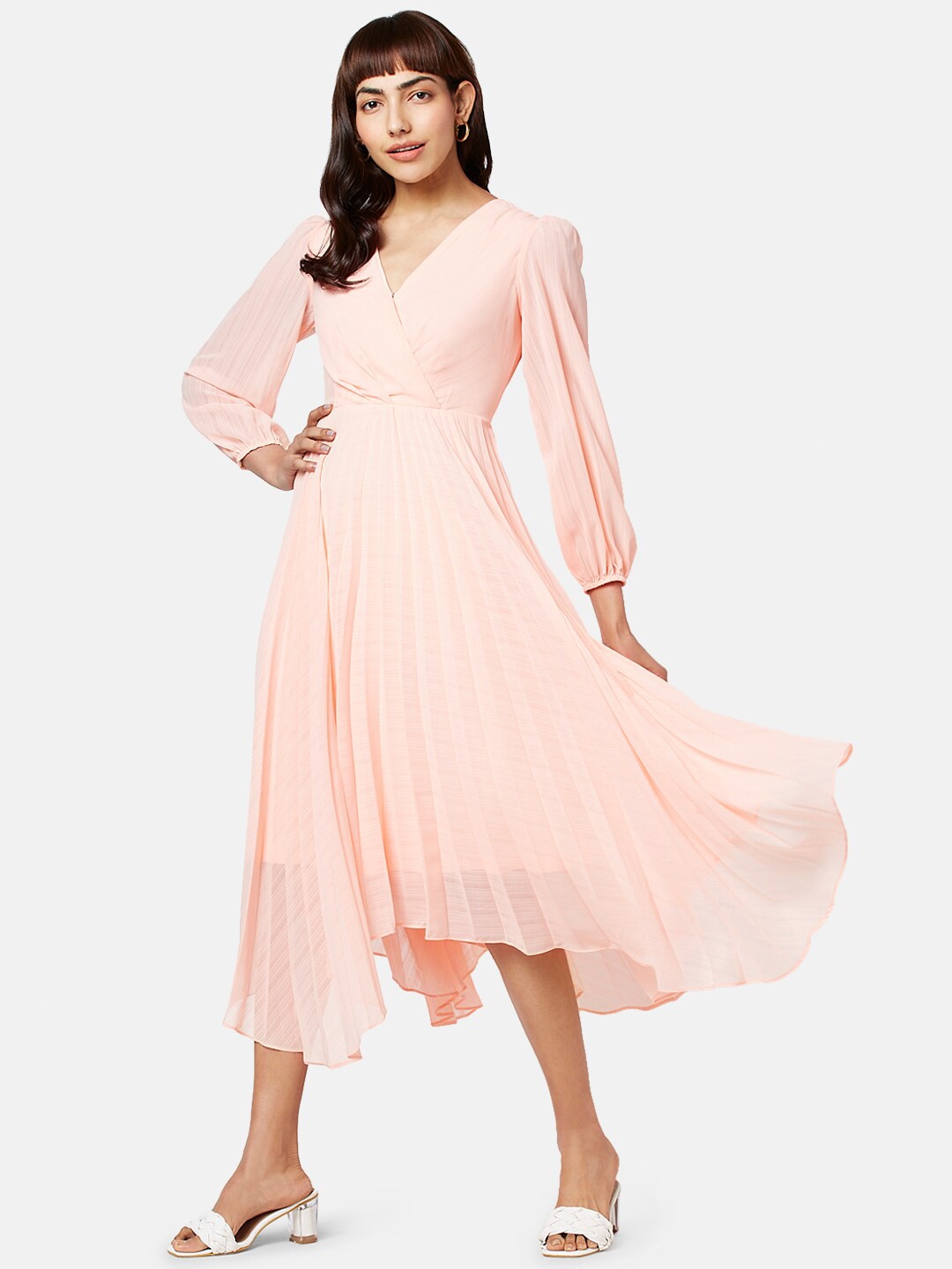 

Honey by Pantaloons V-Neck Asymmetric Gathered Fit & Flare Midi Dress, Peach