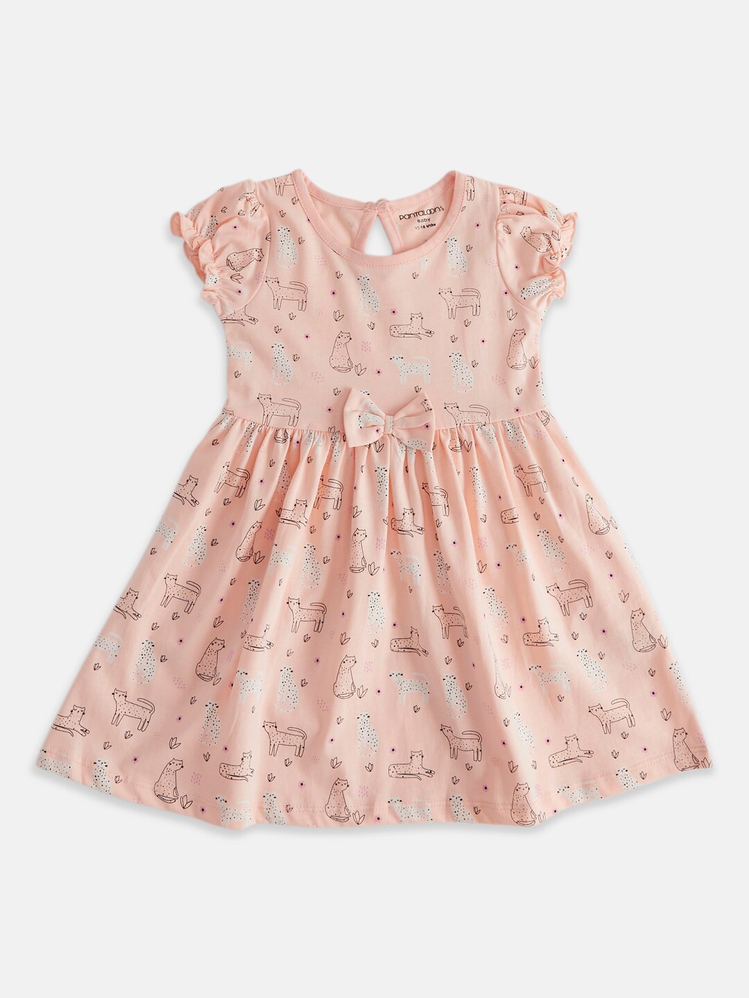 

Pantaloons Baby Infant Girls Bow Floral Printed Fit & Flare Cotton Dress, Peach