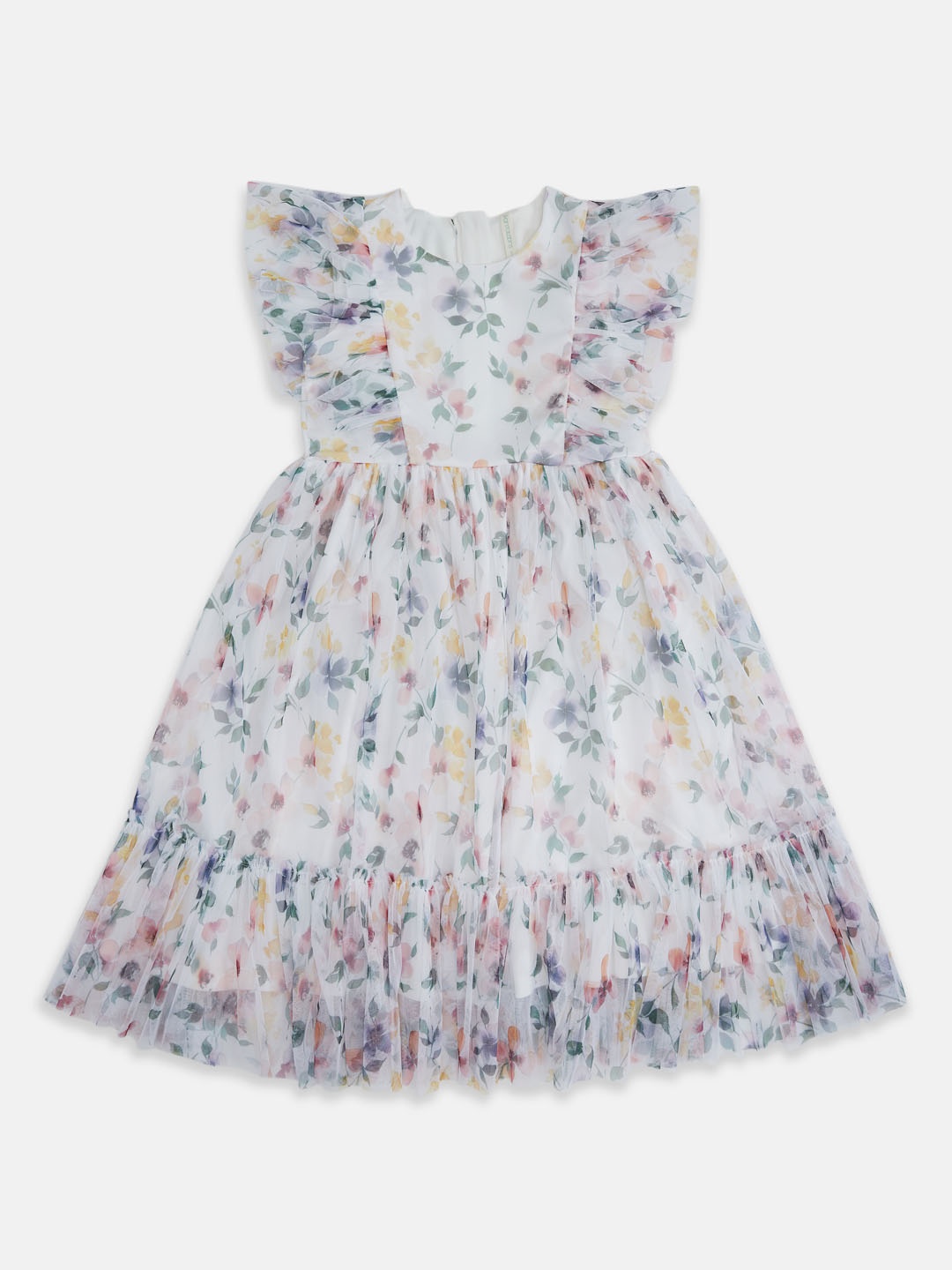 

Pantaloons Junior Round Neck Floral Print Flutter Sleeves Fit & Flare Dress, Off white
