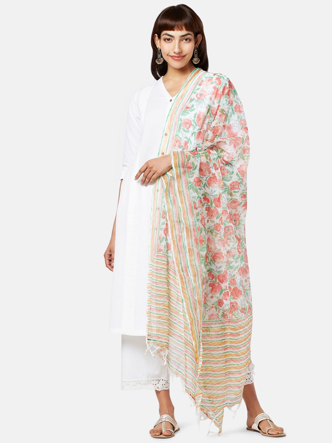 

RANGMANCH BY PANTALOONS Floral Printed Cotton Dupatta With Tasselled Border, White