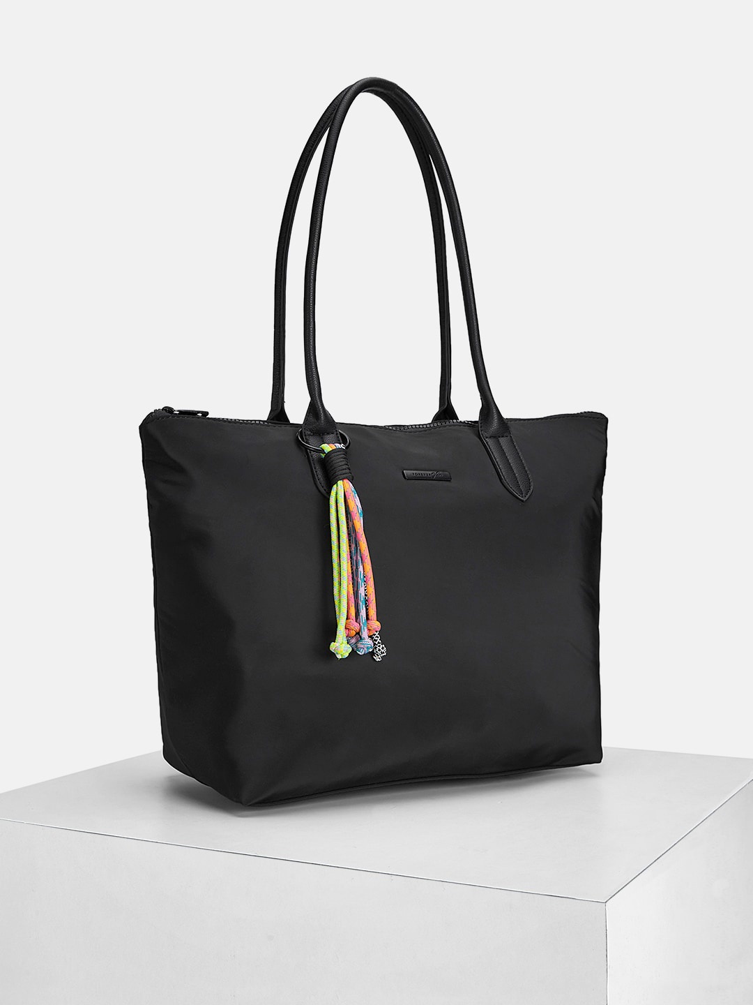 

Forever Glam by Pantaloons Oversized Fabric Tasselled Shopper Tote Bag, Black
