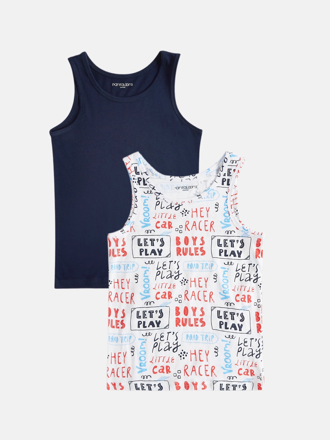 

Pantaloons Junior Boys Pack Of 2 Printed Cotton Innerwear Vests, Navy blue