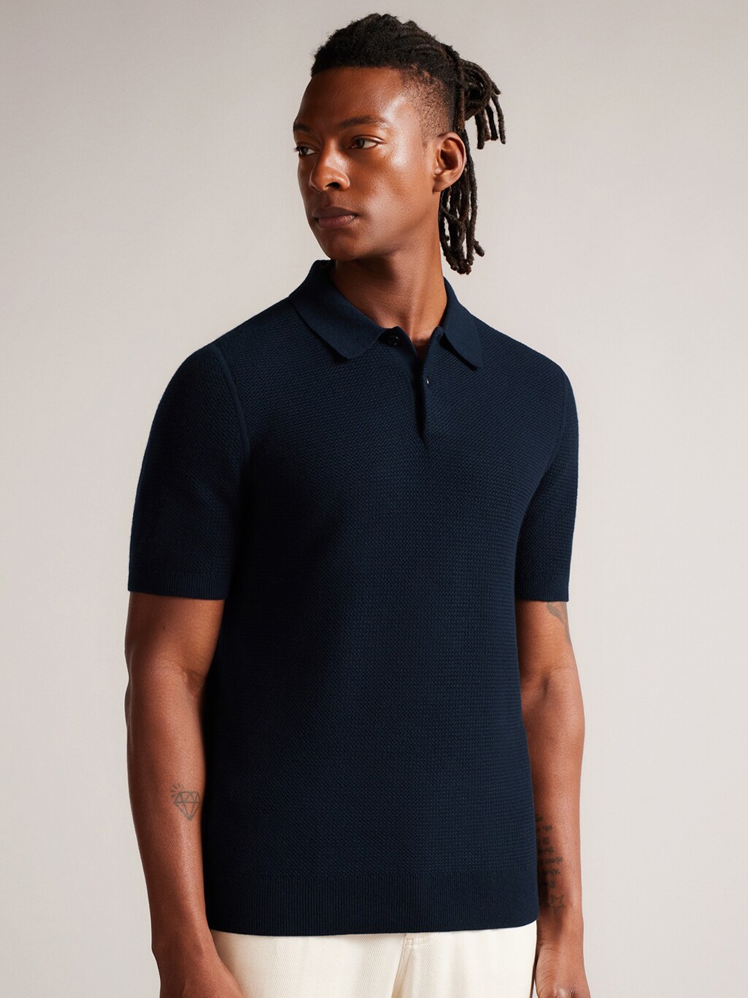 

Ted Baker Self Design Polo Collar Knitted T-shirt, Navy blue