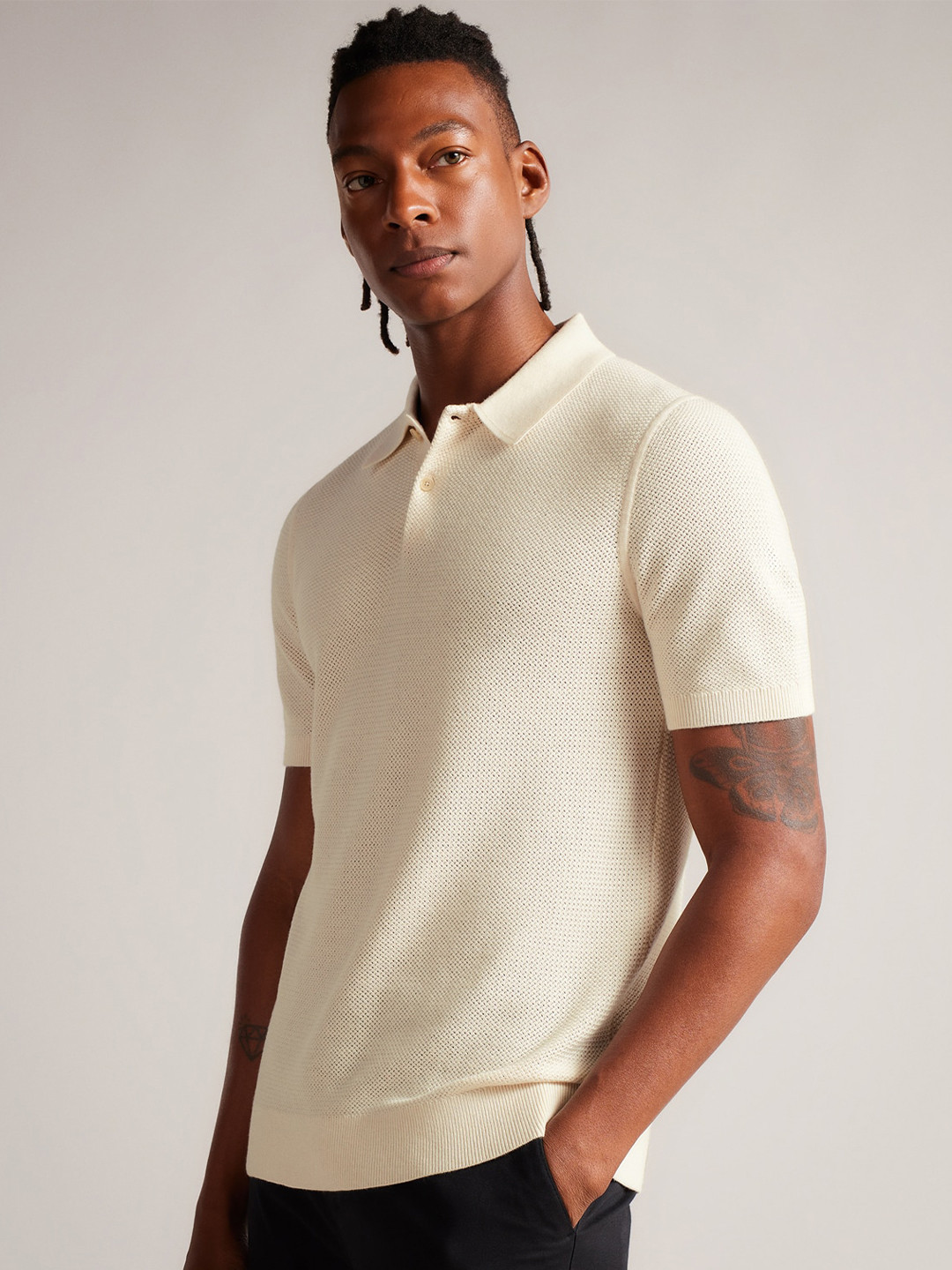 

Ted Baker Self Design Polo Collar Knitted T-shirt, Beige