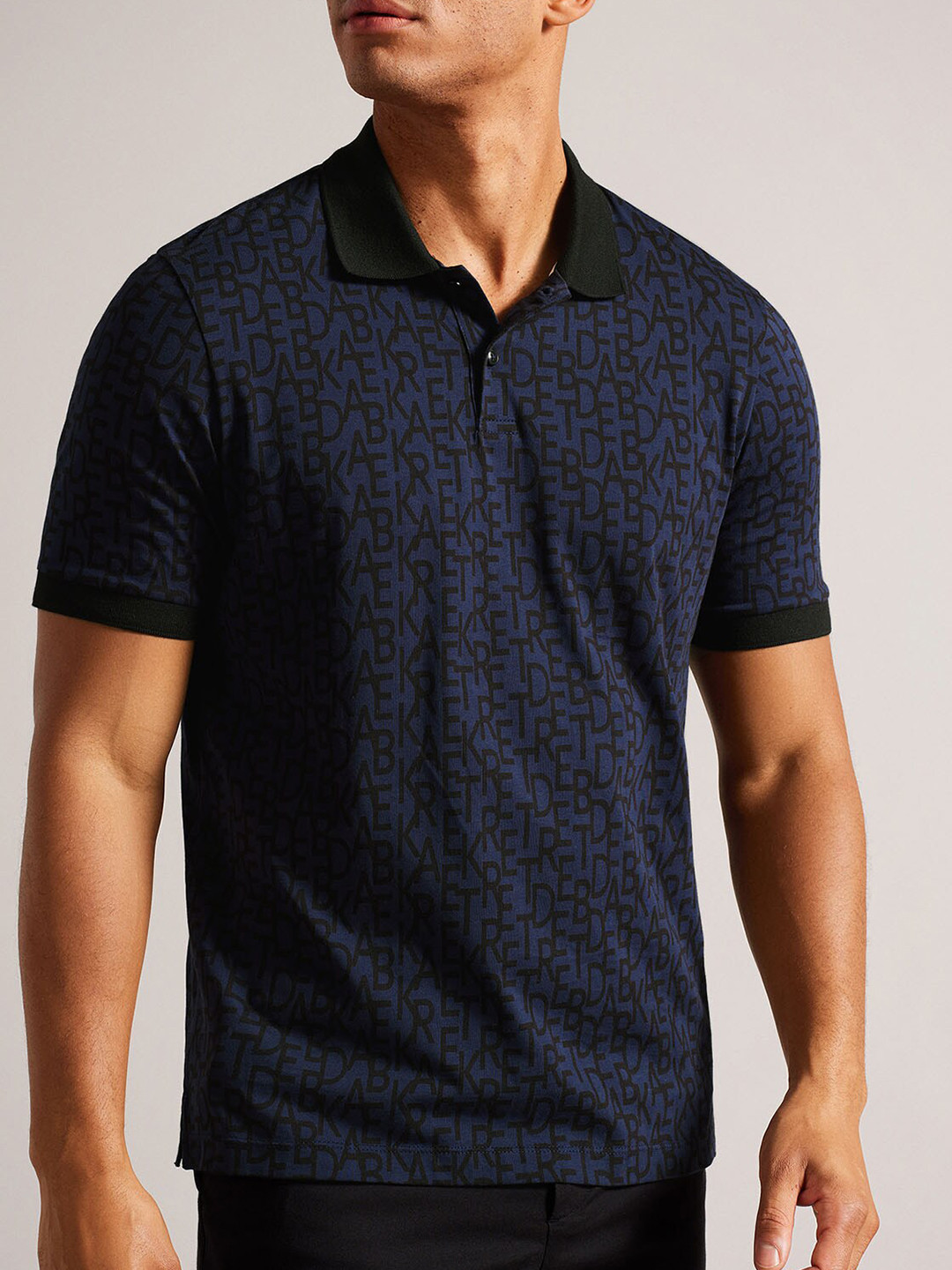 

Ted Baker Typography Printed Polo Collar Pure Cotton T-shirt, Navy blue