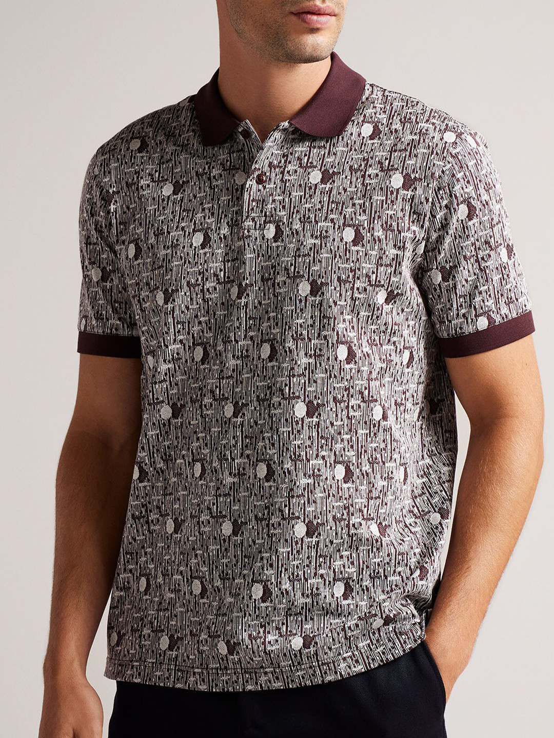 

Ted Baker Geometric Knitted Polo Collar Cotton T-shirt, Brown