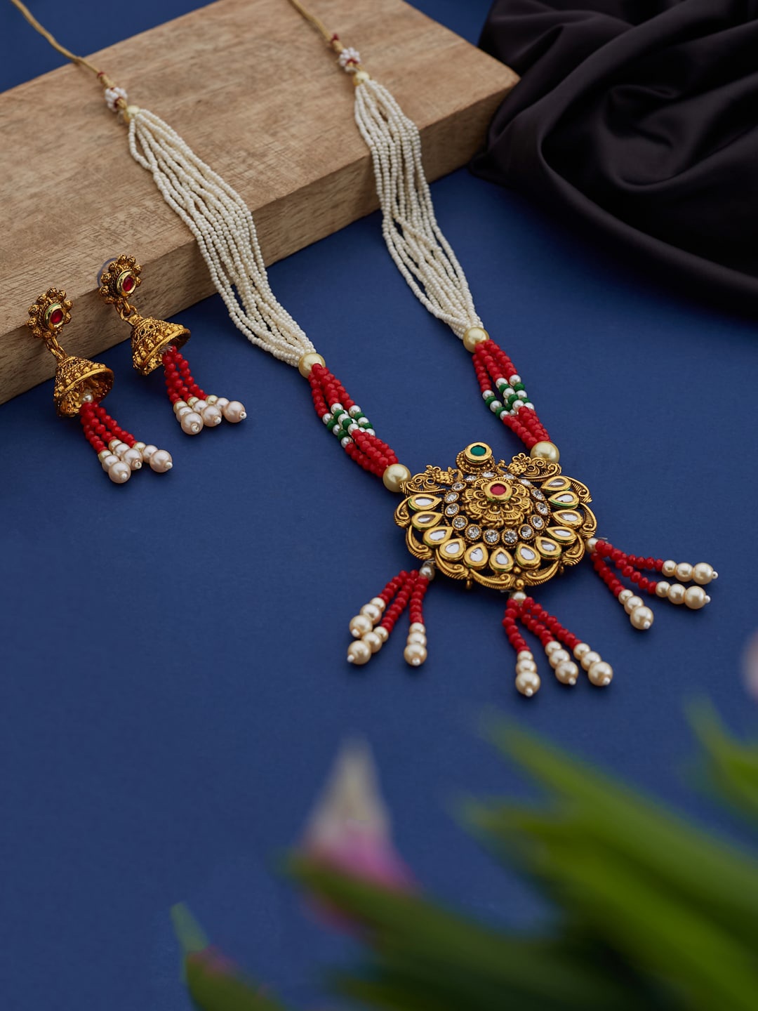 

ATIBELLE Gold-Plated Kundan Studded & Beaded Necklace and Earrings, Red