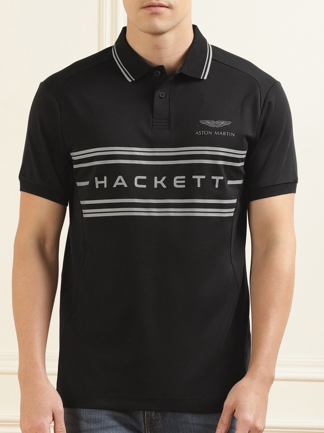 

HACKETT LONDON Typography Printed Polo Collar Pure Cotton T-shirt, Black