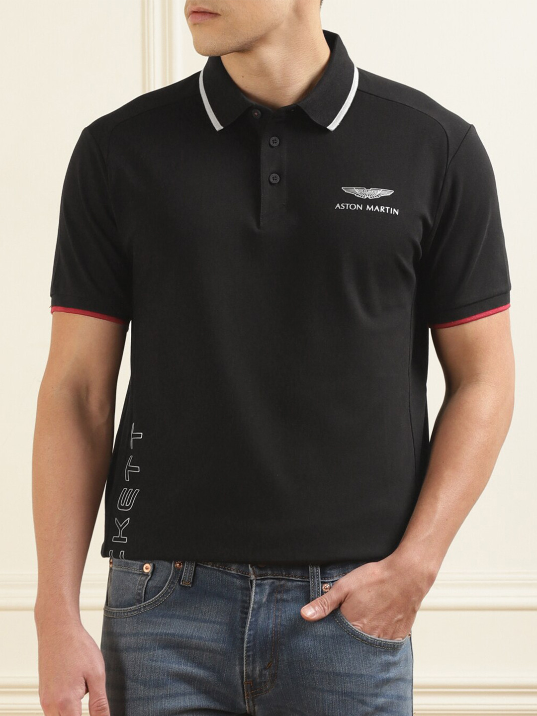 

HACKETT LONDON Typography Printed Polo Collar Cotton T-shirt, Black