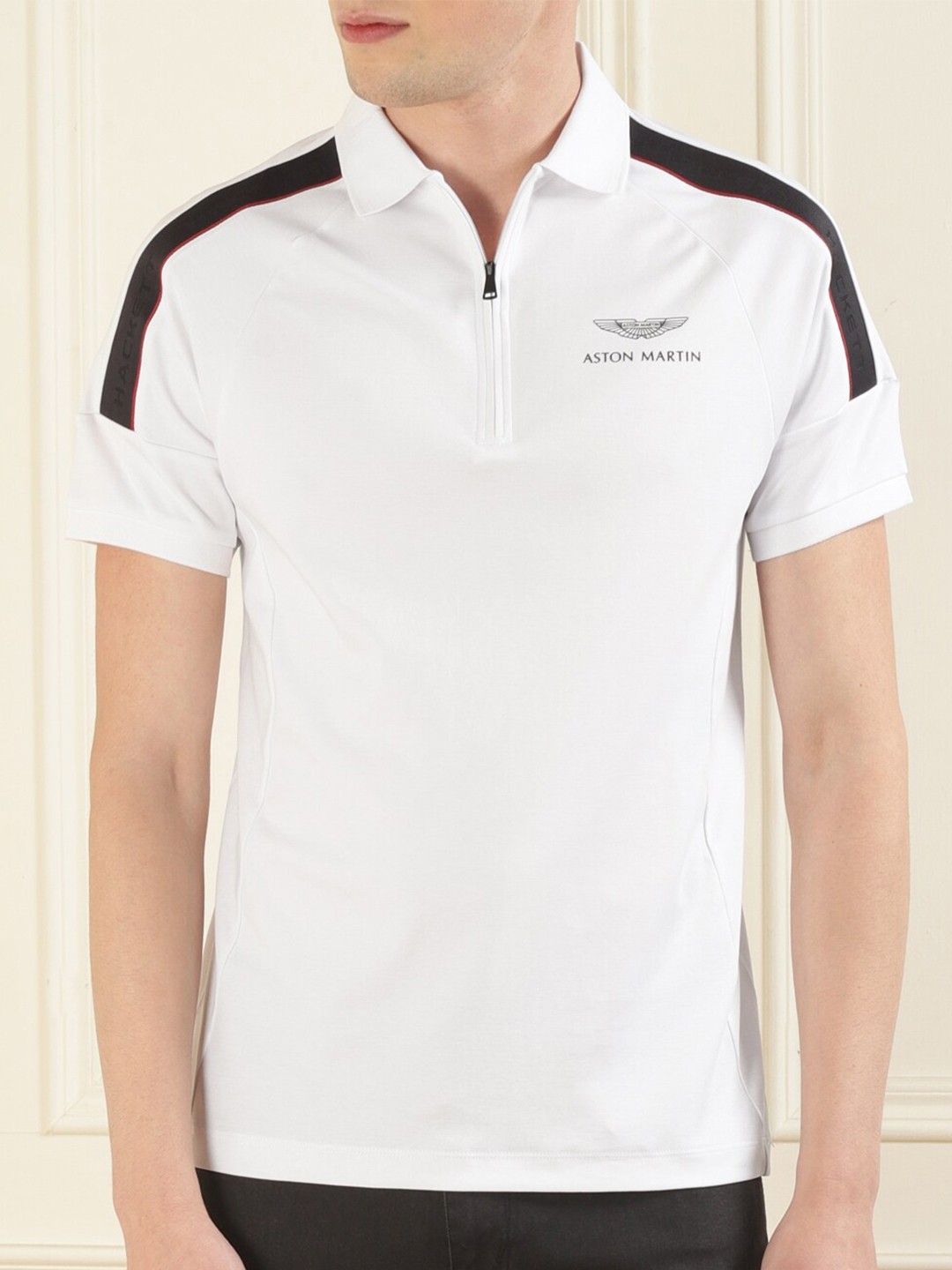 

HACKETT LONDON Men Colourblocked Half Zip Polo Collar Pure Cotton T-shirt, White