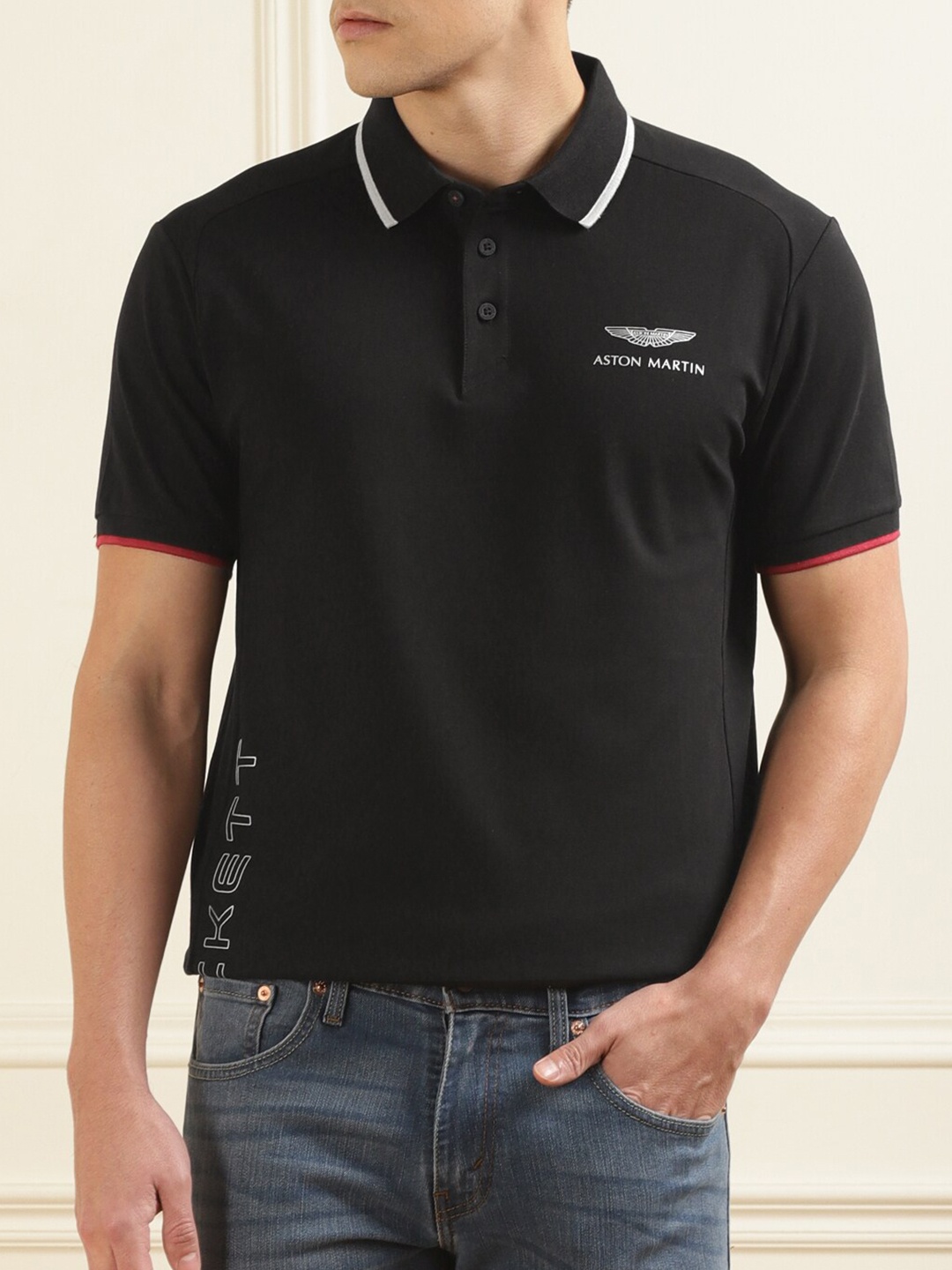 

HACKETT LONDON Men Contrast Branding Polo Collar Cotton T-shirt, Black