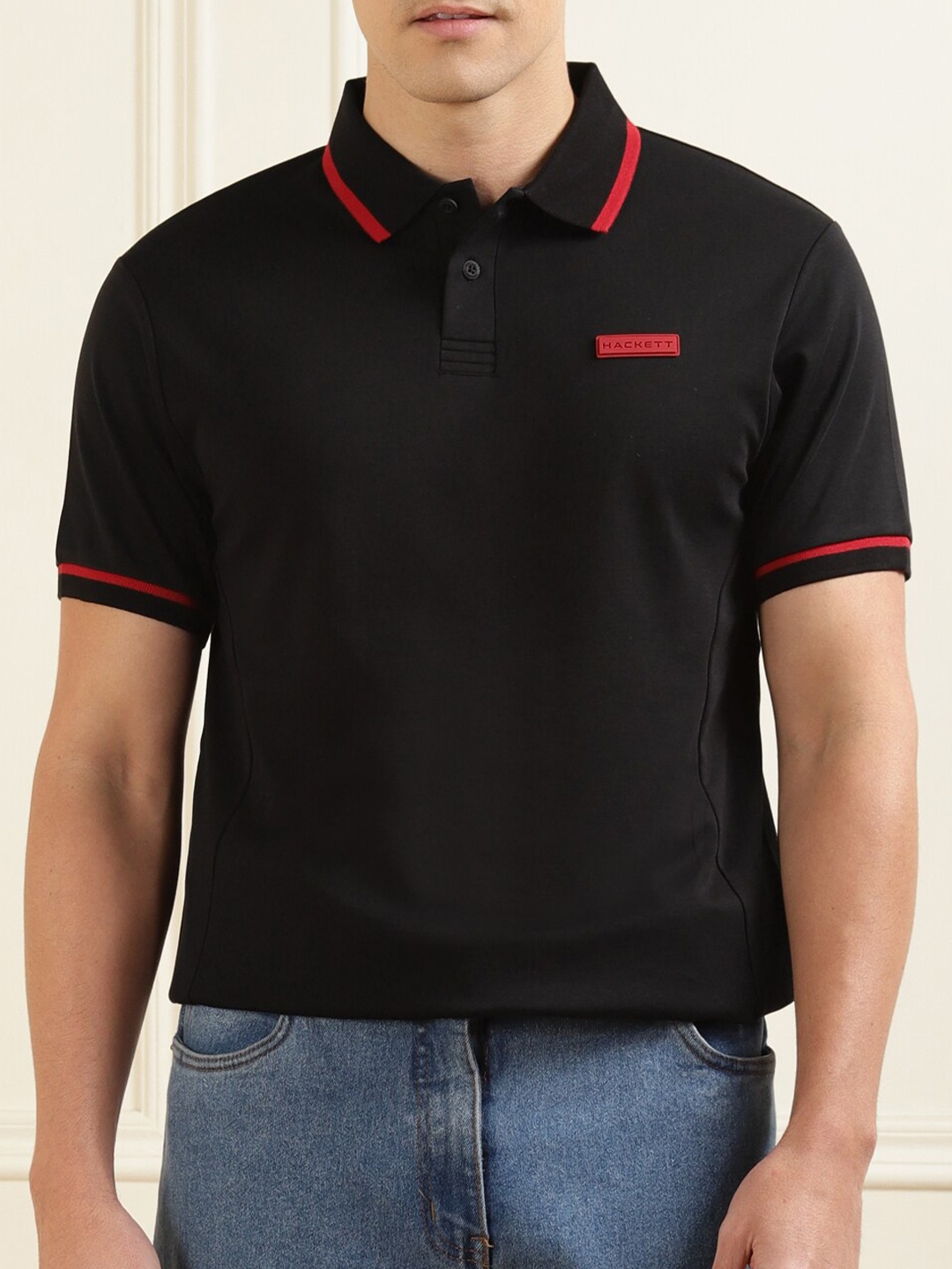 

HACKETT LONDON Men Polo Collar Pure Cotton Contrast-Trims T-shirt, Black