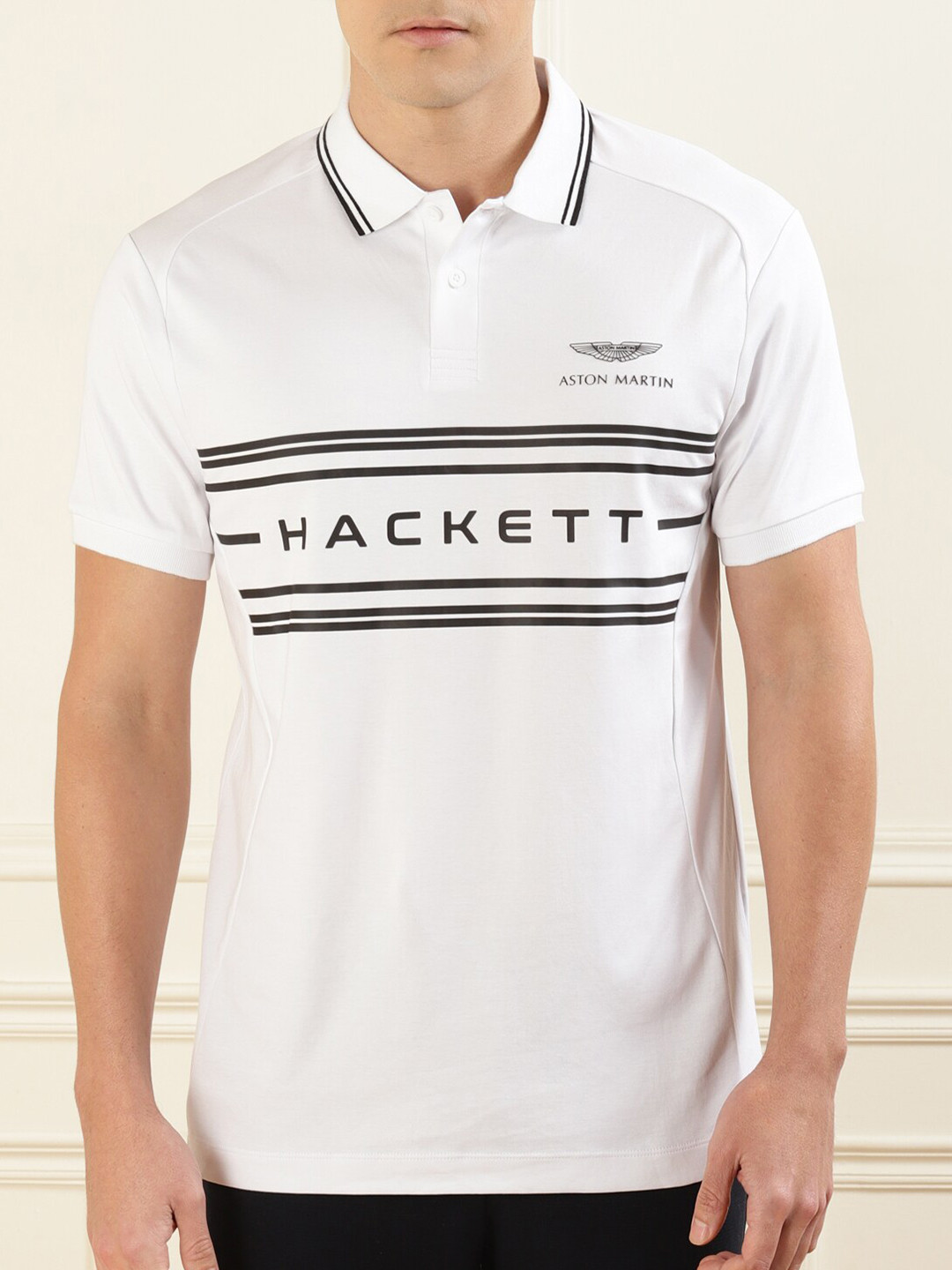 

HACKETT LONDON Men Brand Logo Printed Polo Collar Pure Cotton T-shirt, White