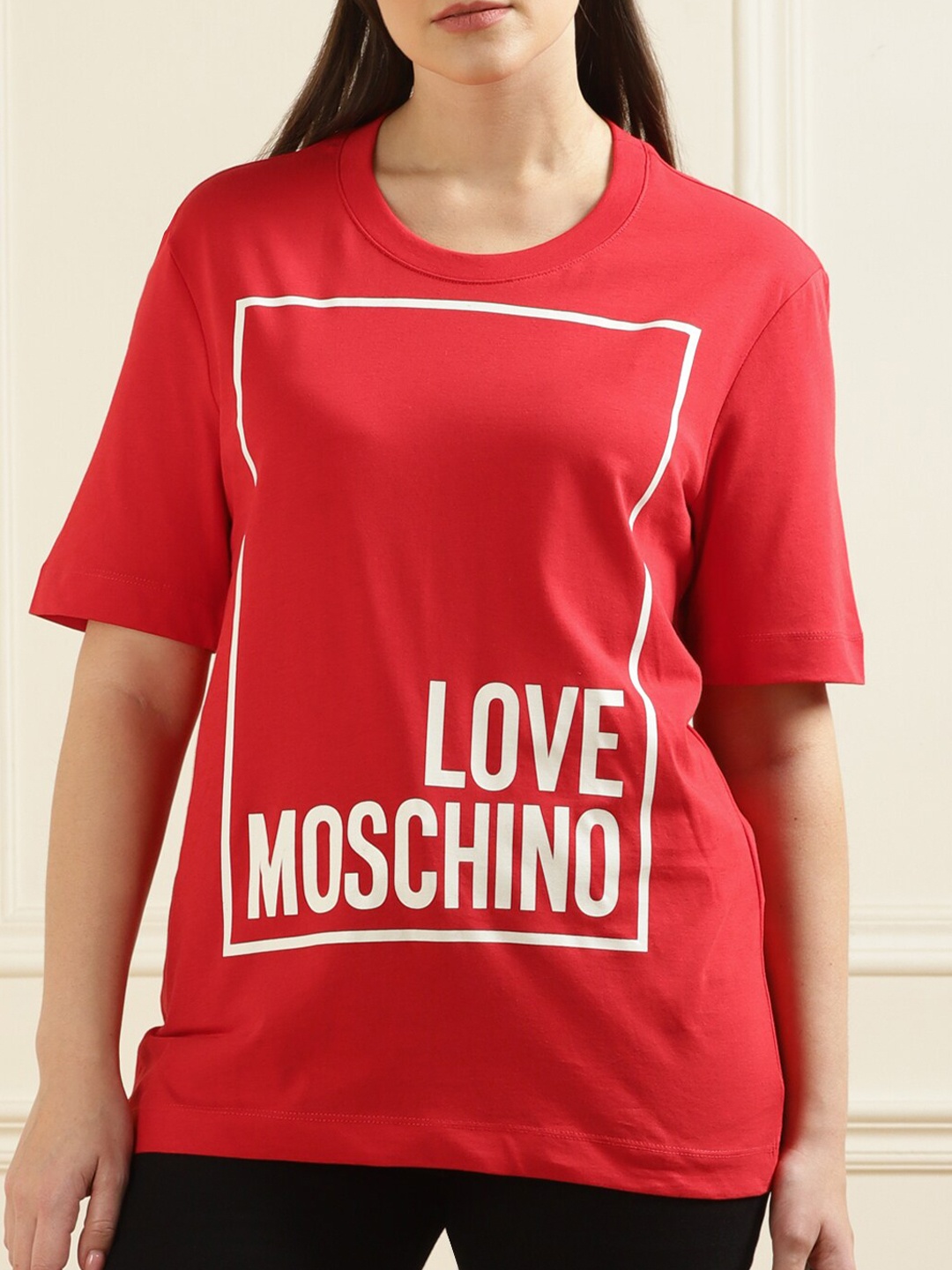 

LOVE MOSCHINO Women Typography Printed Pure Cotton Loose Fitted T-shirt, Red