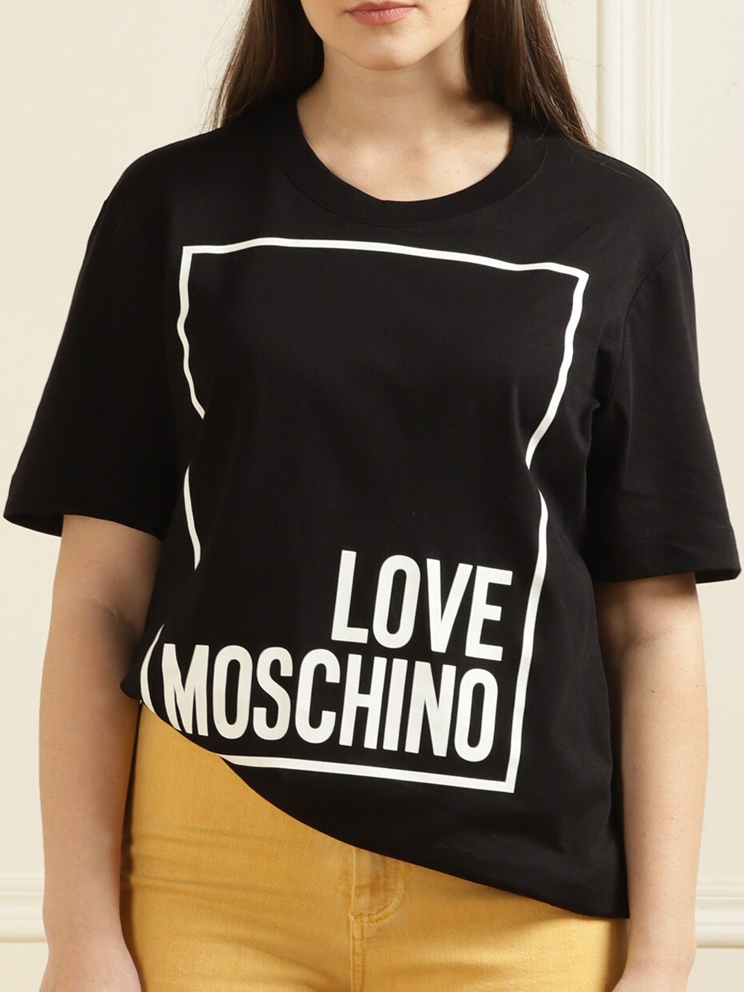 LOVE MOSCHINO Women Typography Printed Pure Cotton Loose Fitted T-shirt, Black