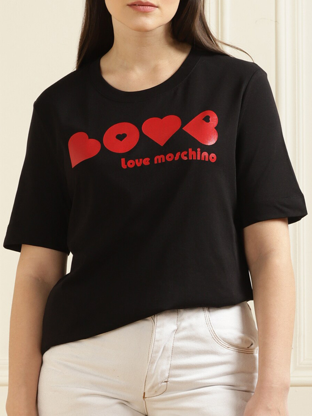 

LOVE MOSCHINO Women Graphic printed Pure Cotton Loose Fitted T-shirt, Black