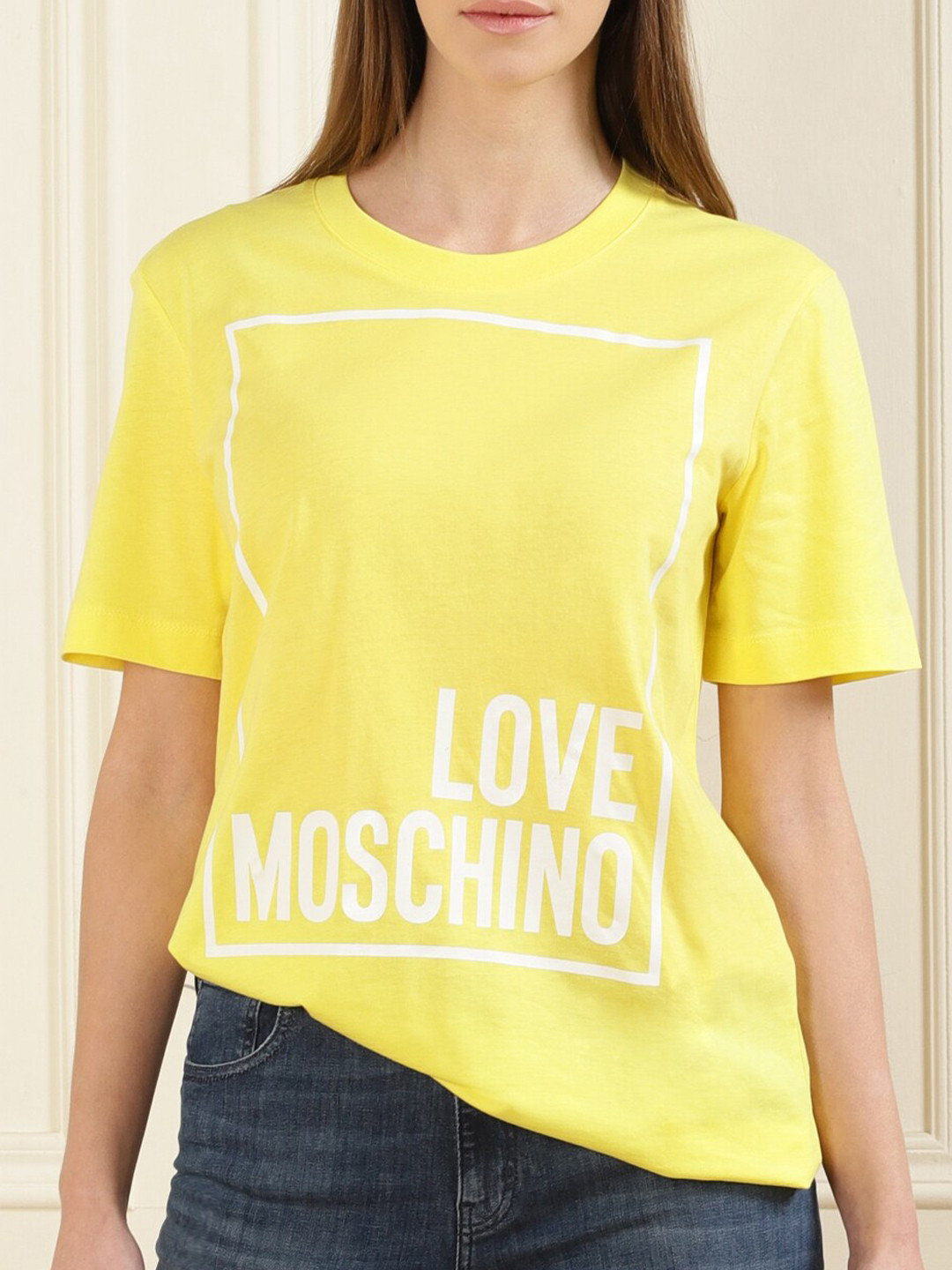 

LOVE MOSCHINO Women Typography Printed Pure Cotton Loose Fitted T-shirt, Yellow