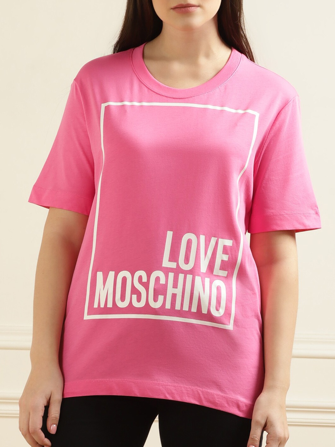 

LOVE MOSCHINO Women Typography Printed Pure Cotton Loose Fitted T-shirt, Pink