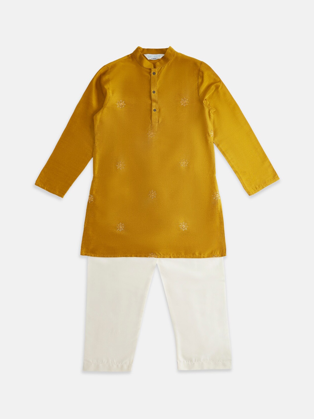 

indus route by Pantaloons Boys Embroidered Sequinned Kurta With Trousers, Mustard