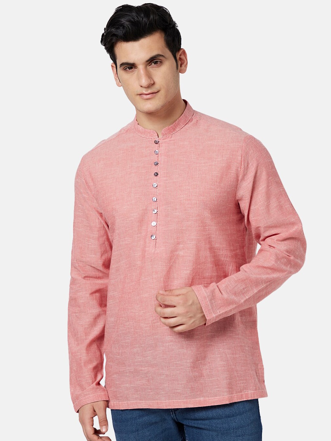 

indus route by Pantaloons Men Mandarin Collar Striped Kurta, Red