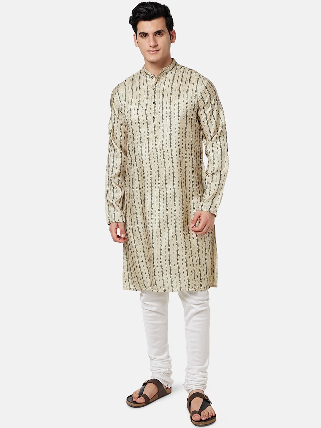 

indus route by Pantaloons Men Mandarin Collar Printed Kurta, Olive