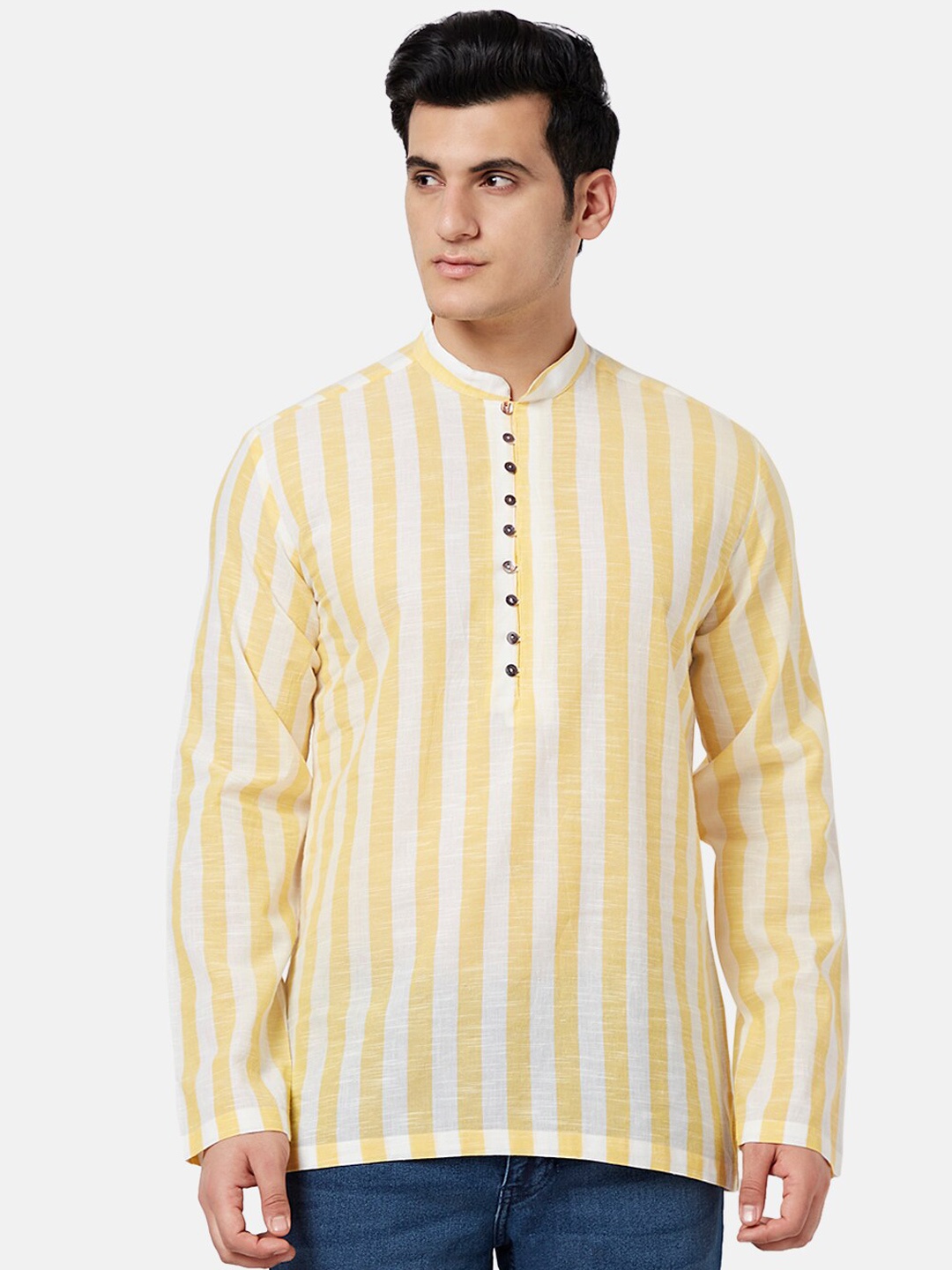

indus route by Pantaloons Men Striped Cotton Kurta, Yellow