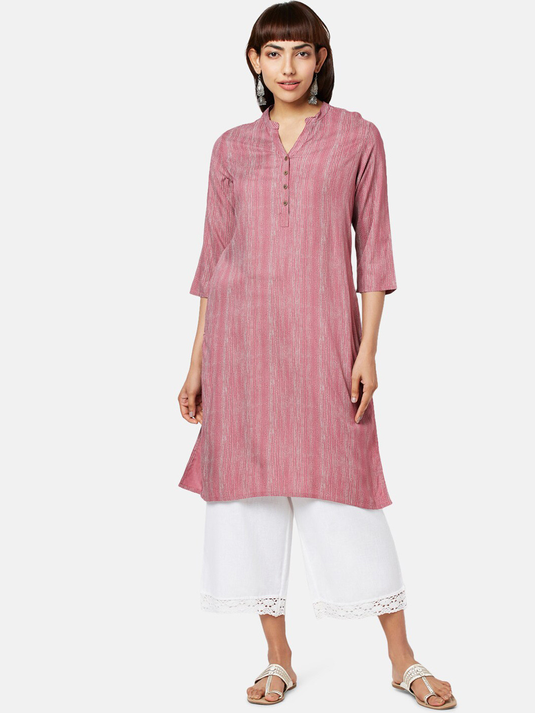 

RANGMANCH BY PANTALOONS Striped Pure Cotton Kurta, Rose