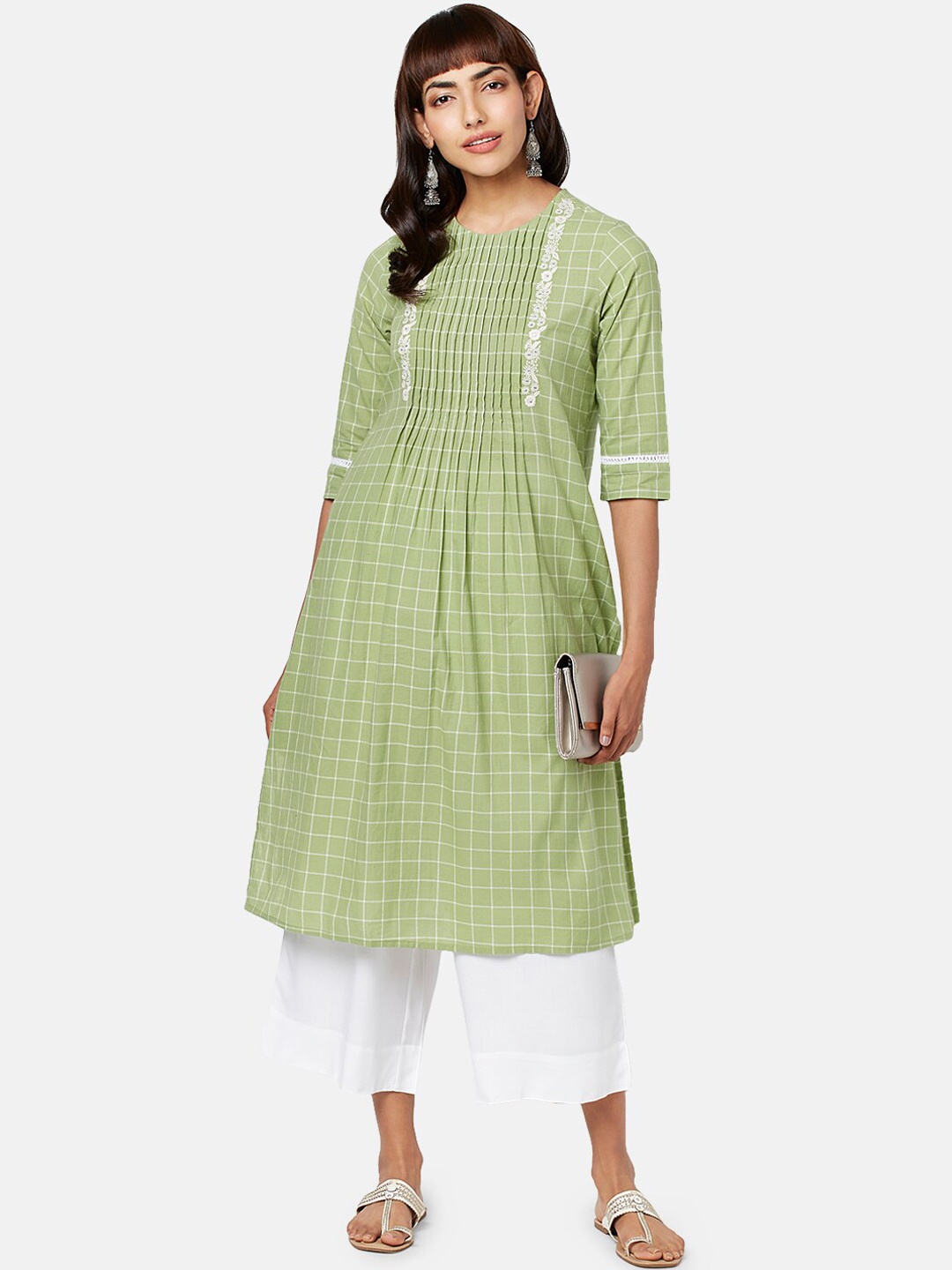 

RANGMANCH BY PANTALOONS Checked Pure Cotton Kurta, Green