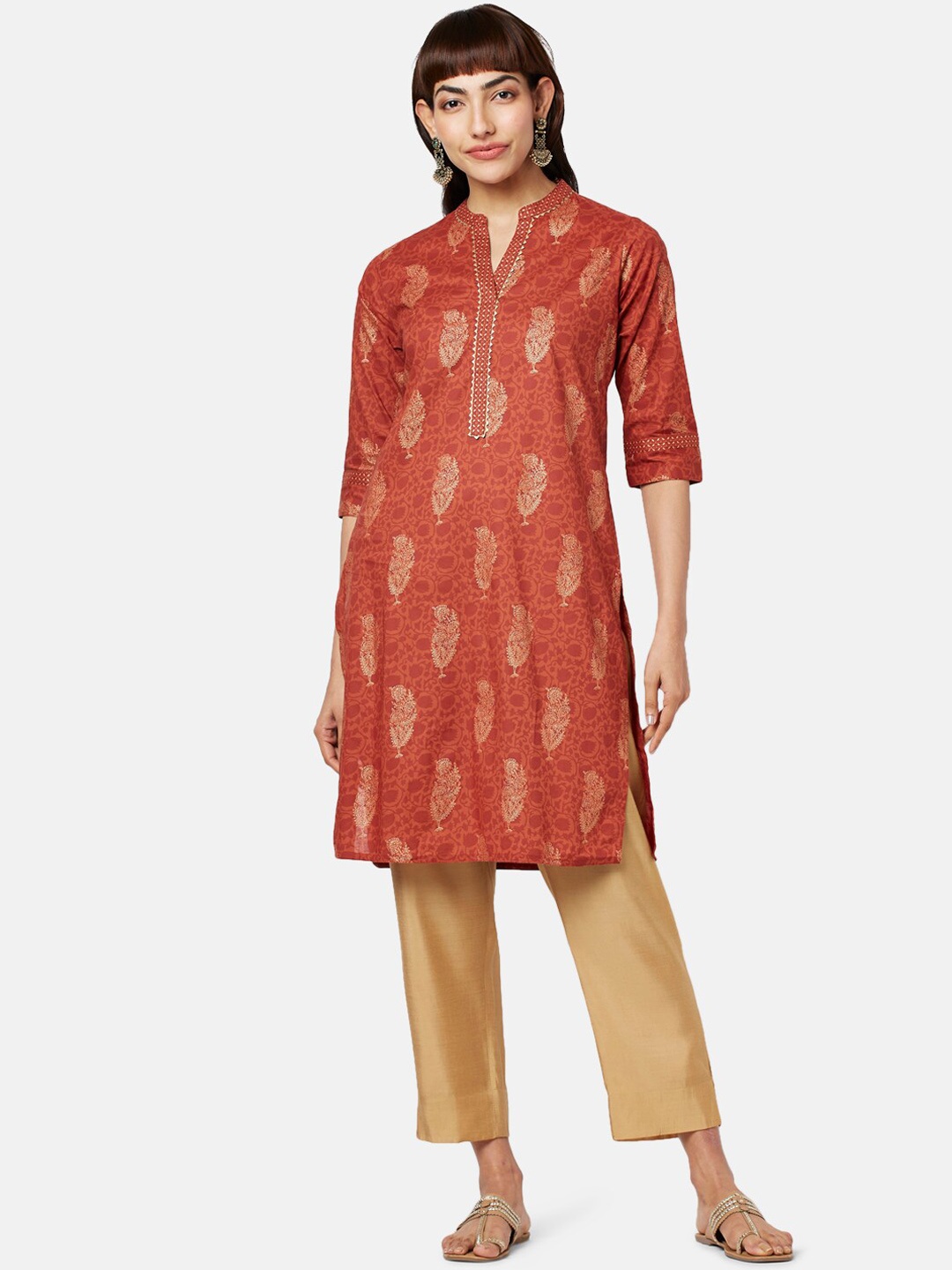 

RANGMANCH BY PANTALOONS Ethnic Motifs Printed Pure Cotton Kurta, Rust