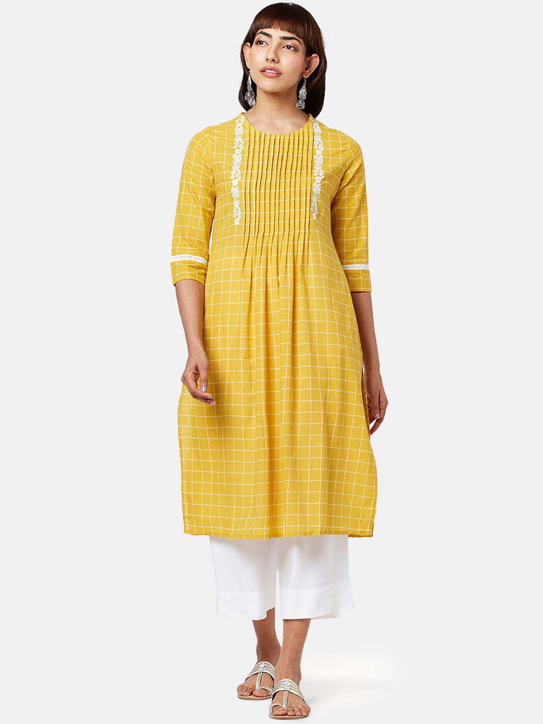 

RANGMANCH BY PANTALOONS Checked Pure Cotton Kurta, Yellow