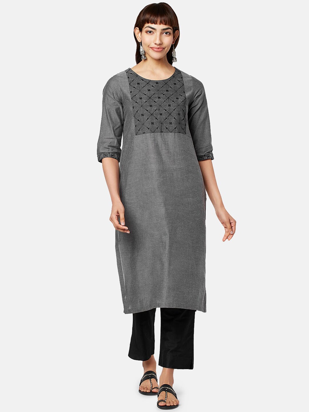 

RANGMANCH BY PANTALOONS Woven Design Yoke Design Pure Cotton Kurta, Grey