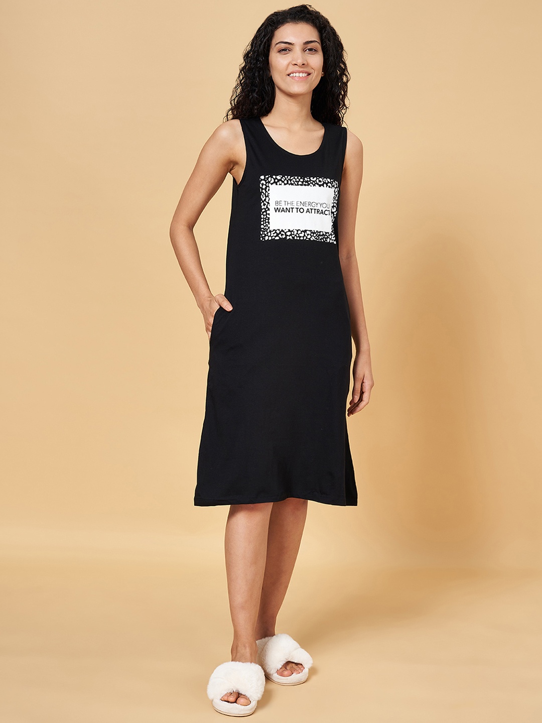 

People Printed Pure Cotton Nightdress, Black