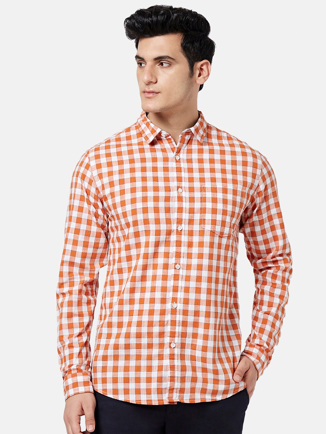 

BYFORD by Pantaloons Gingham Checked Slim Fit Casual Shirt, Orange