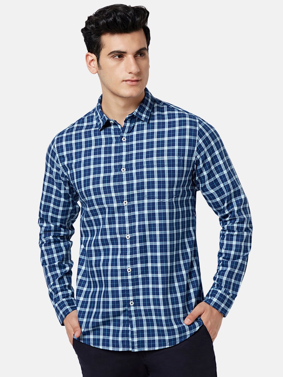 

BYFORD by Pantaloons Gingham Checked Slim Fit Casual Shirt, Navy blue