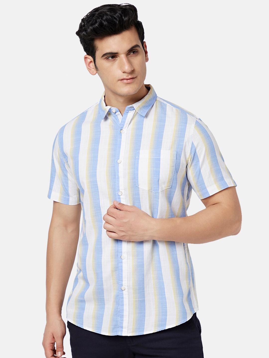 

BYFORD by Pantaloons Vertical Striped Slim Fit Casual Cotton Shirt, Blue