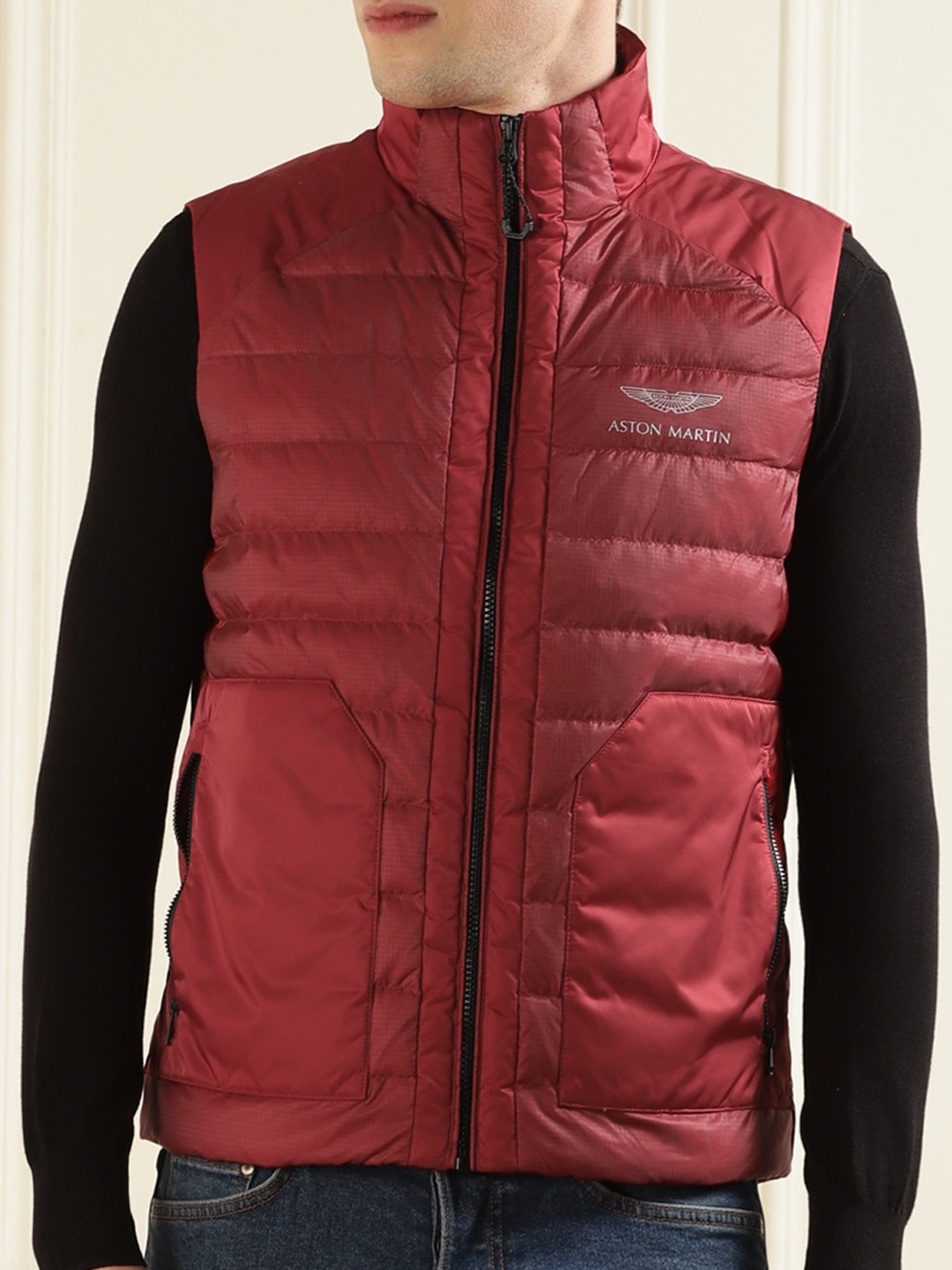

HACKETT LONDON Men Striped Mock Collar Sleeveless Puffer Jacket, Red