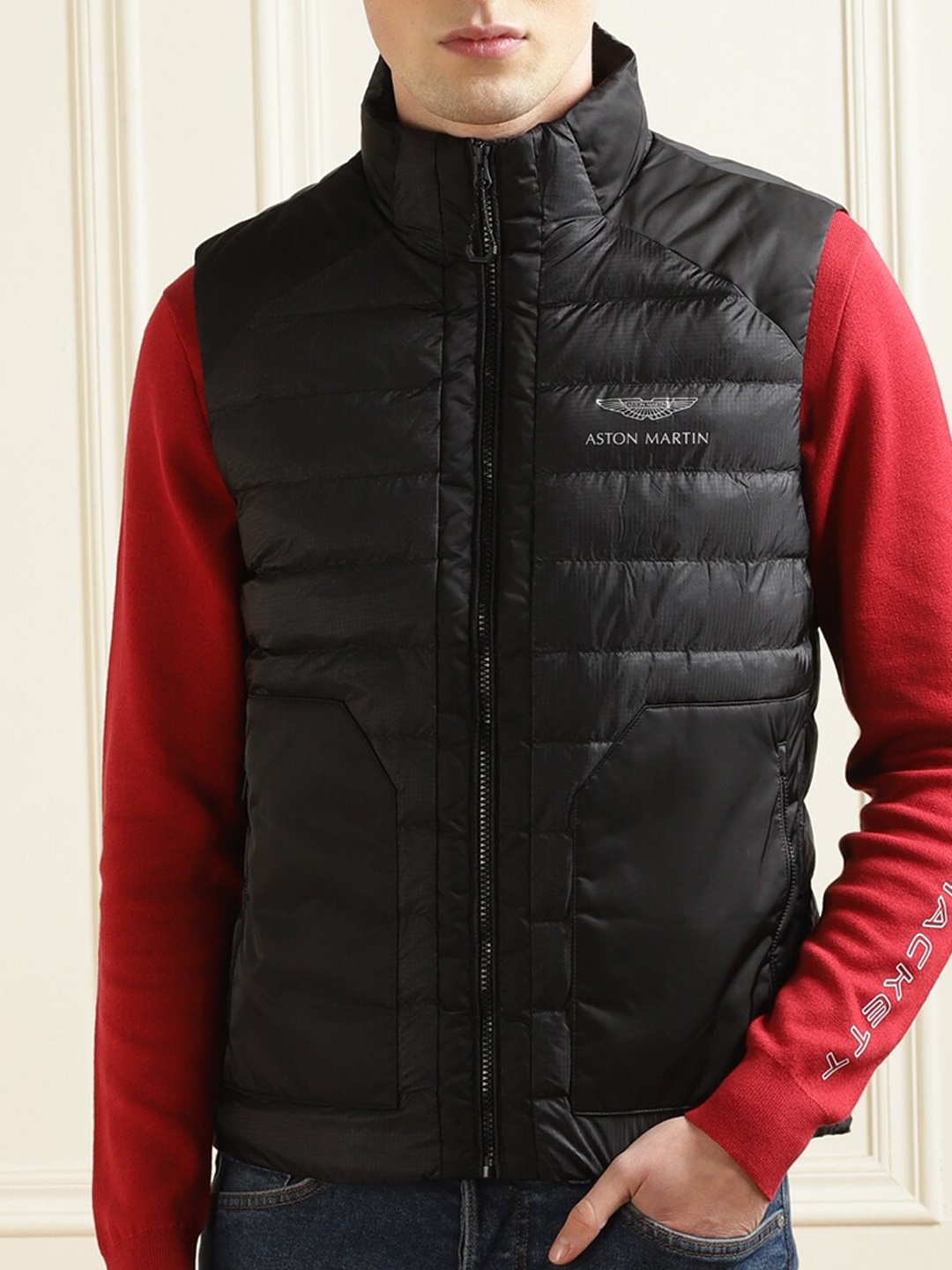 

HACKETT LONDON Men Striped Mock Collar Sleeveless Puffer Jacket, Black