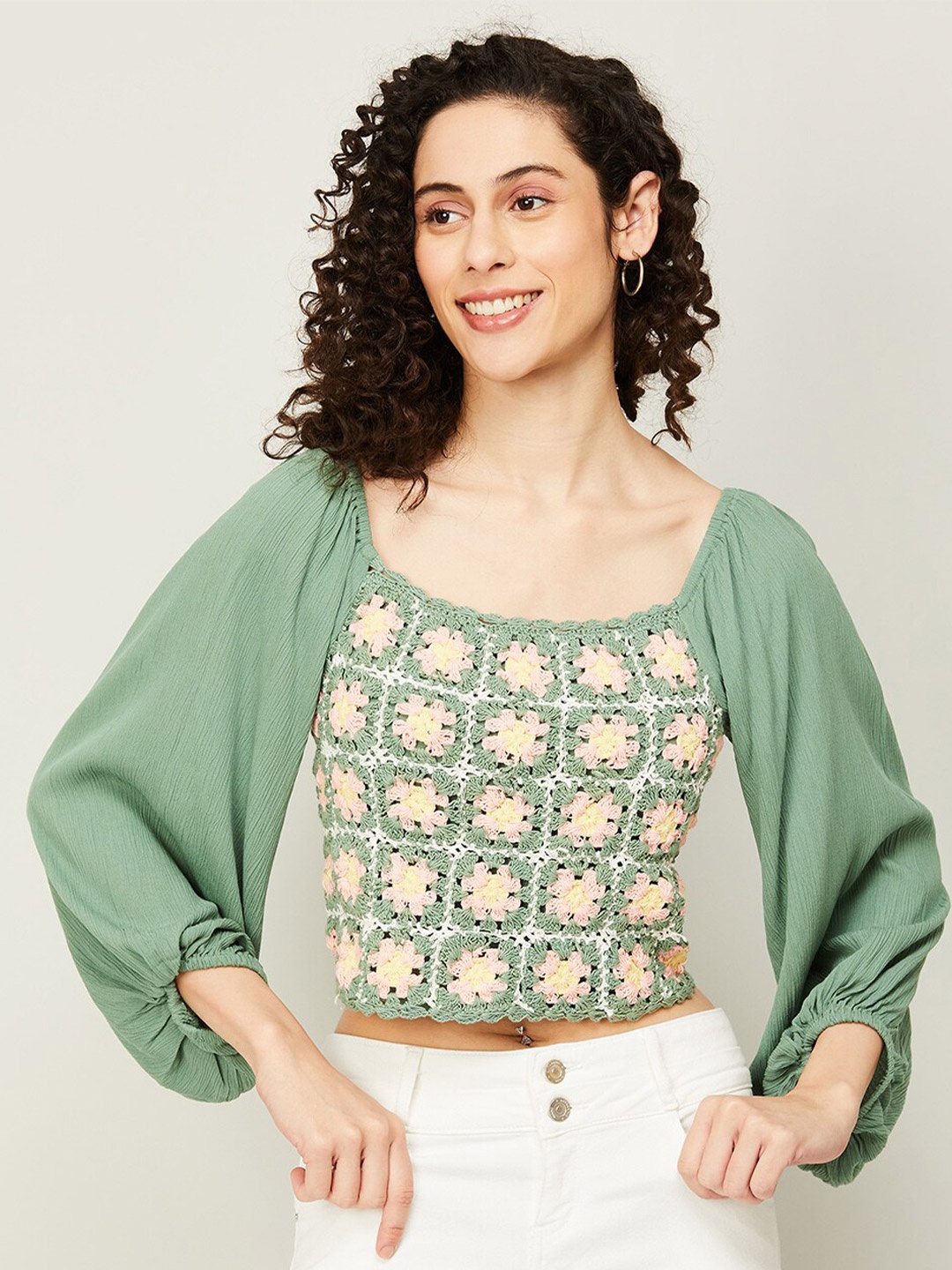 

Ginger by Lifestyle Floral Printed Pure Cotton Crop Top, Green