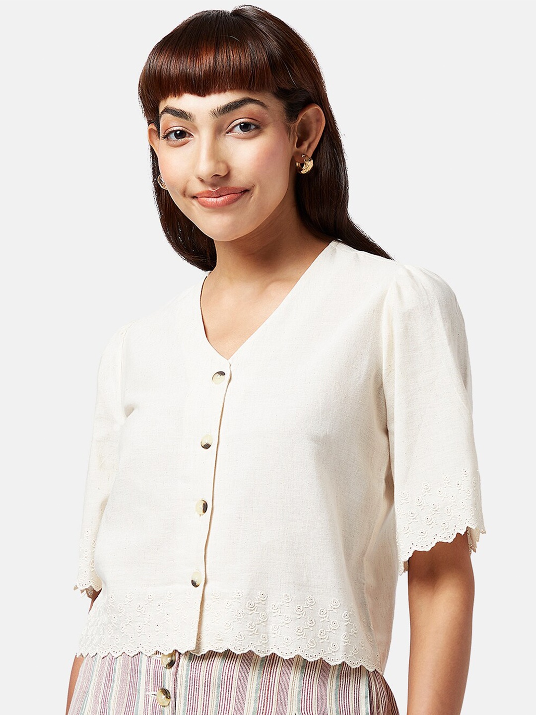 

AKKRITI BY PANTALOONS Cut Work Shirt Style Top, Off white