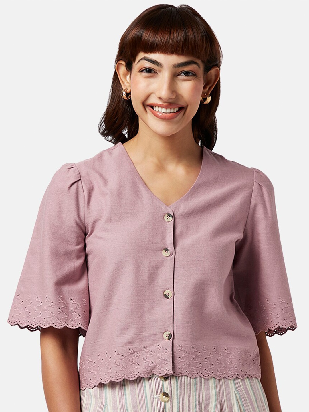 

AKKRITI BY PANTALOONS Puff Sleeves Cut Work Shirt Style Top, Mauve