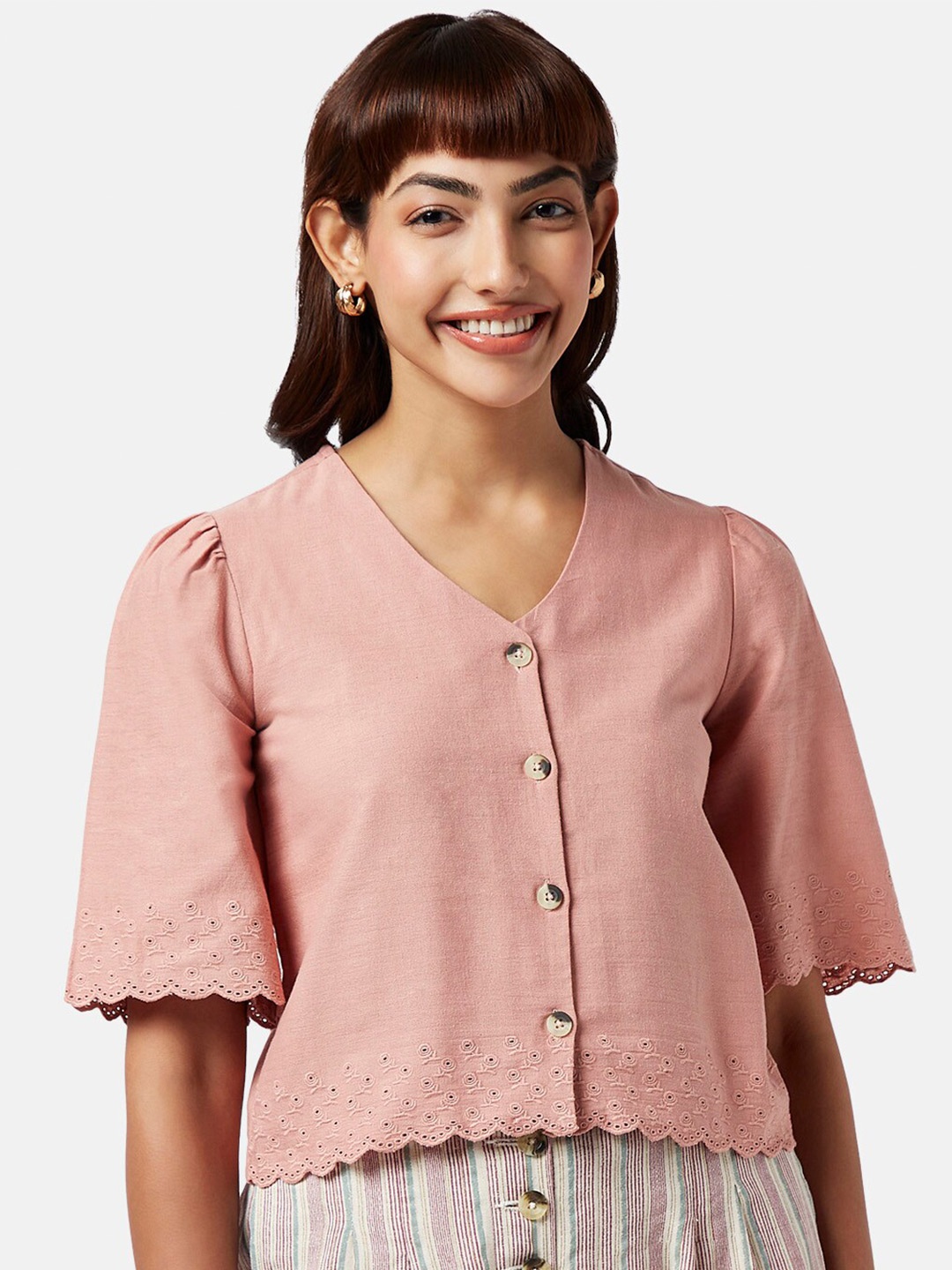 

AKKRITI BY PANTALOONS Puff Sleeves Cut Work Cotton Top, Pink