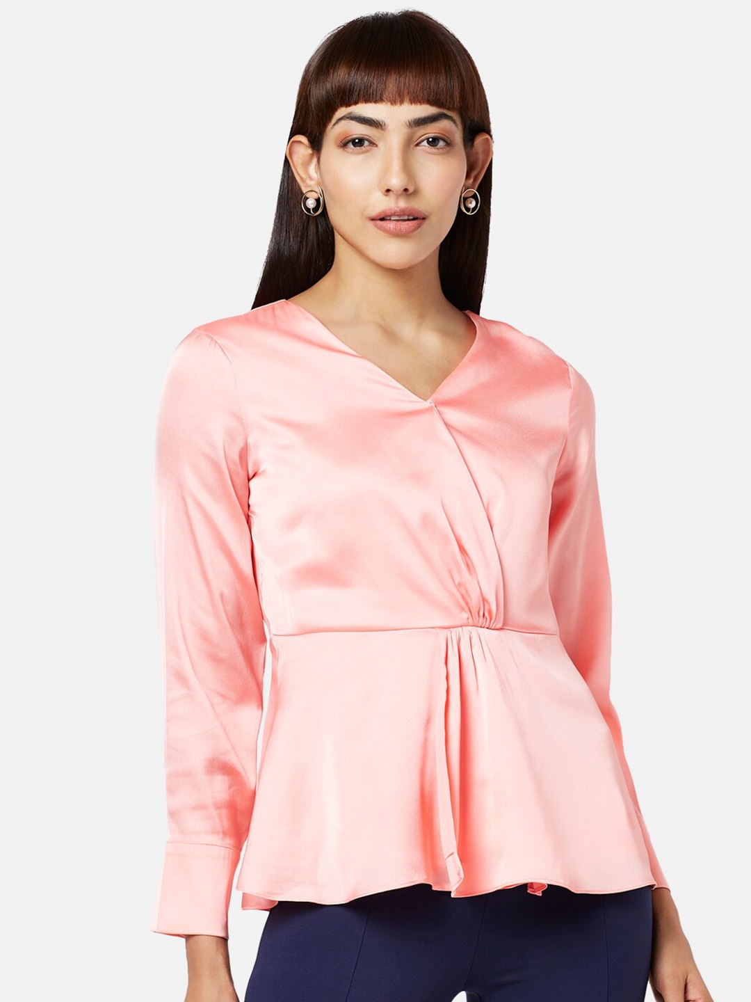 

Annabelle by Pantaloons V-Neck Cuffed Sleeves Peplum Top, Peach