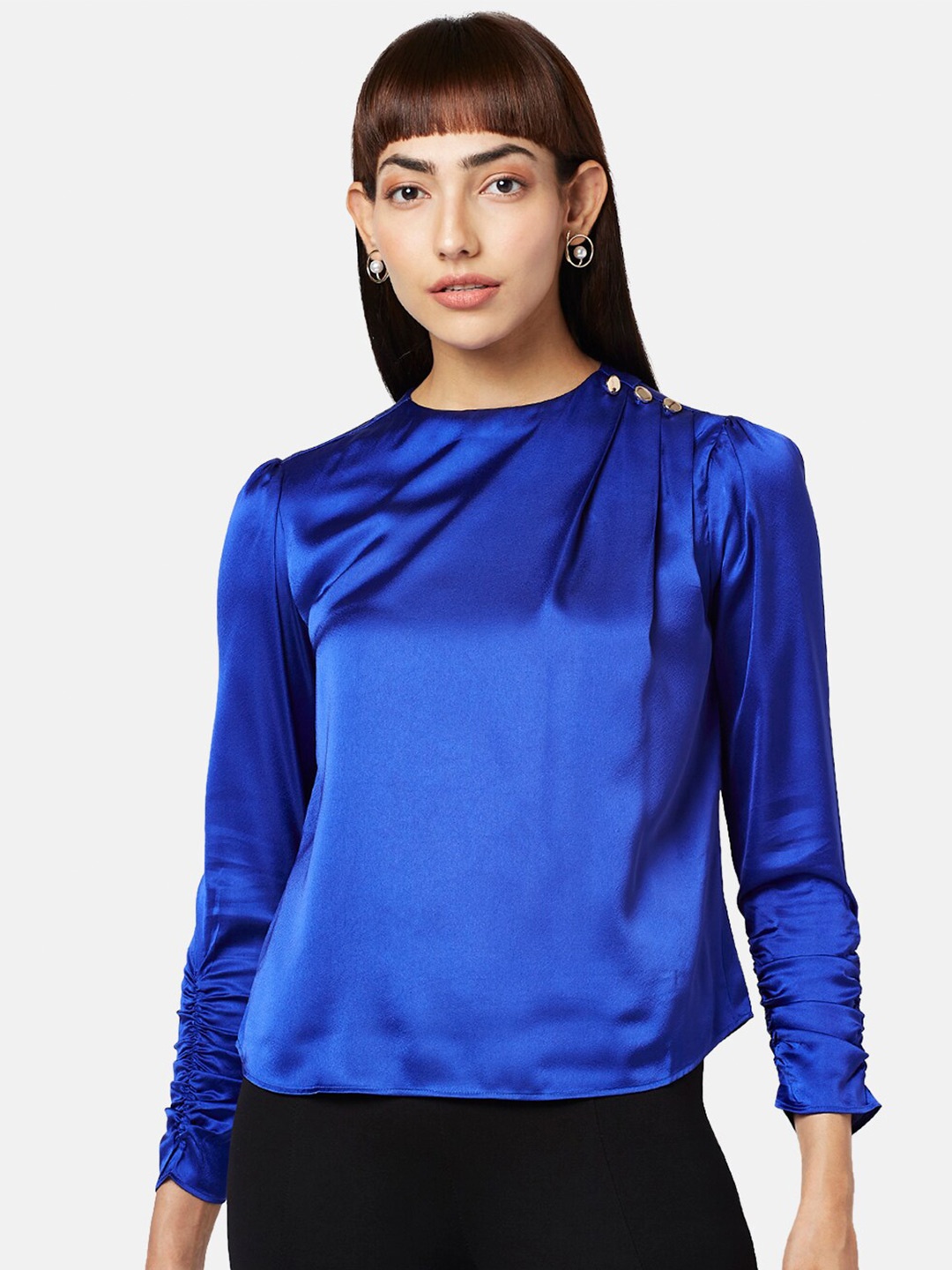 

Annabelle by Pantaloons Cuffed Sleeves Satin Top, Blue
