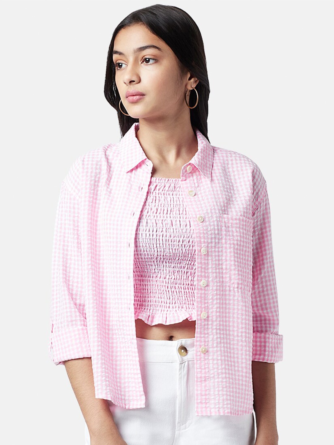 

Coolsters by Pantaloons Shoulder Straps Self Design Smocked Top, Pink