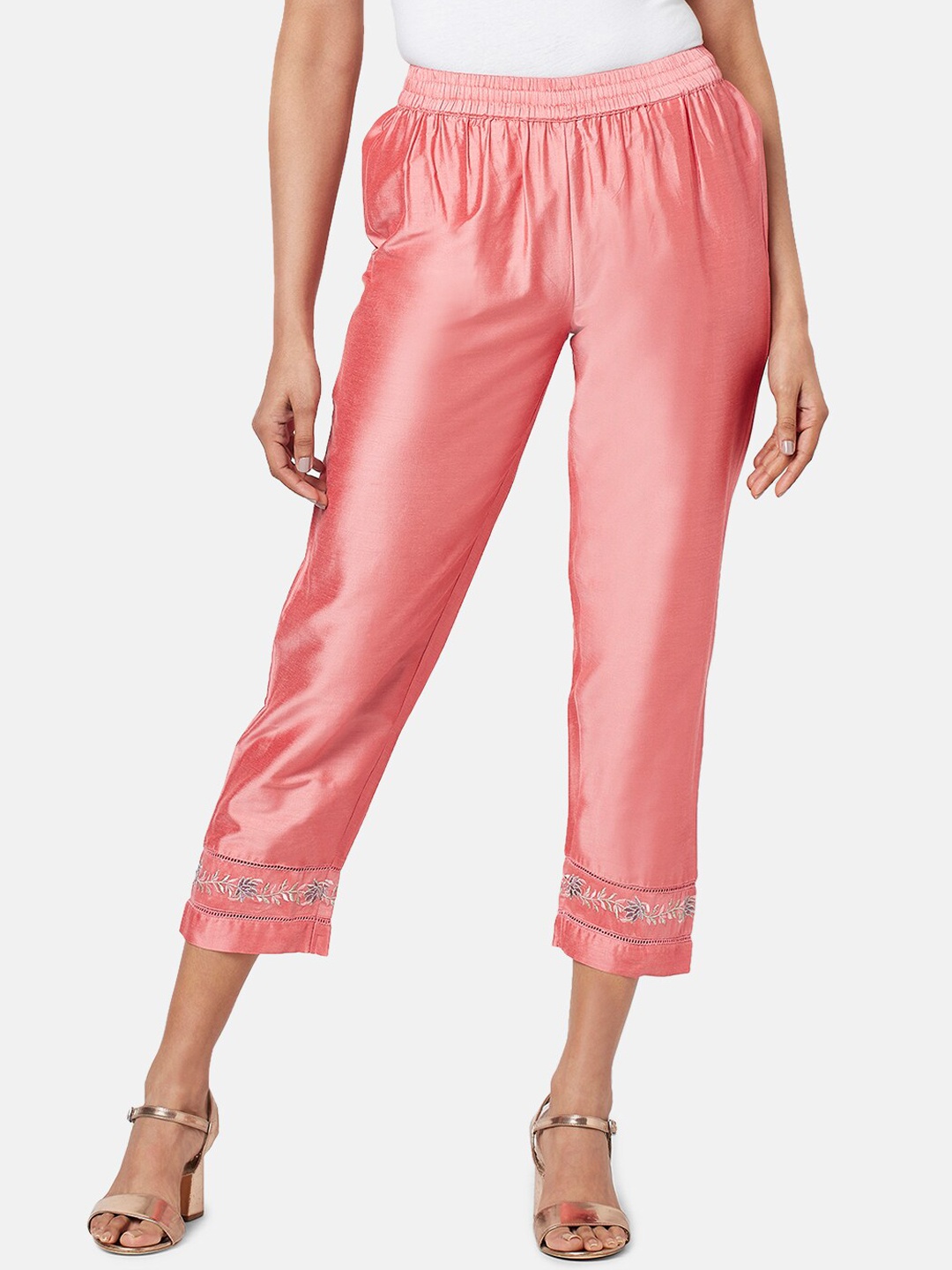 

RANGMANCH BY PANTALOONS Women Cropped Cigarette Trousers, Coral