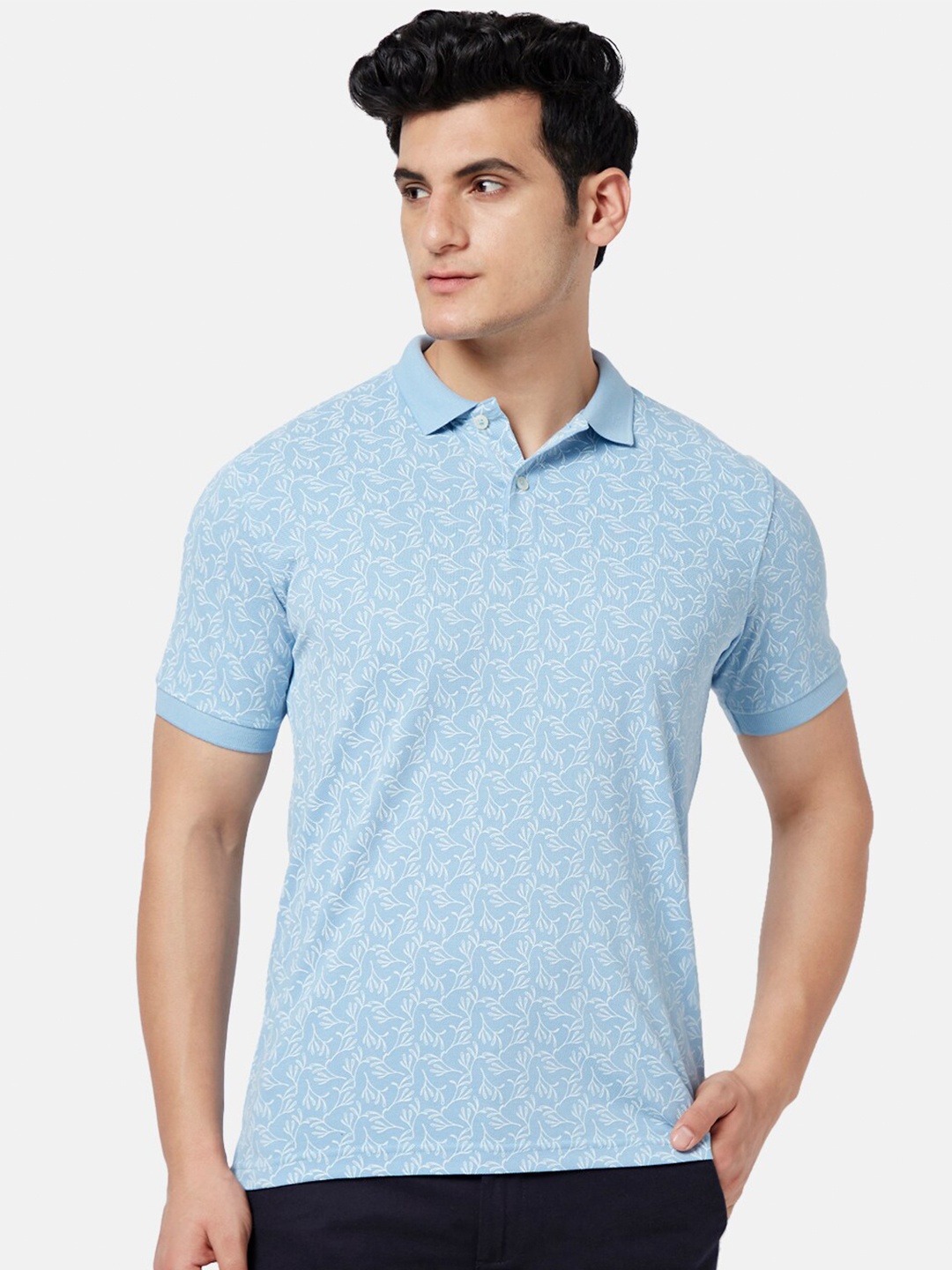 

BYFORD by Pantaloons Floral Printed Polo Collar Slim Fit T-shirt, Blue
