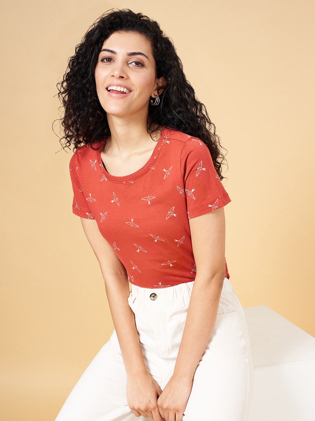 

Honey by Pantaloons Conversational Printed Round Neck Cotton T-shirt, Rust