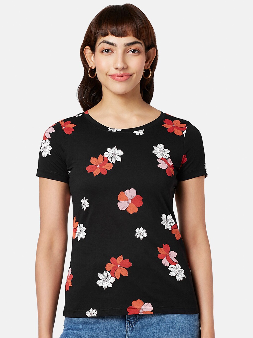 

Honey by Pantaloons Floral Printed Round Neck Cotton T-shirt, Black